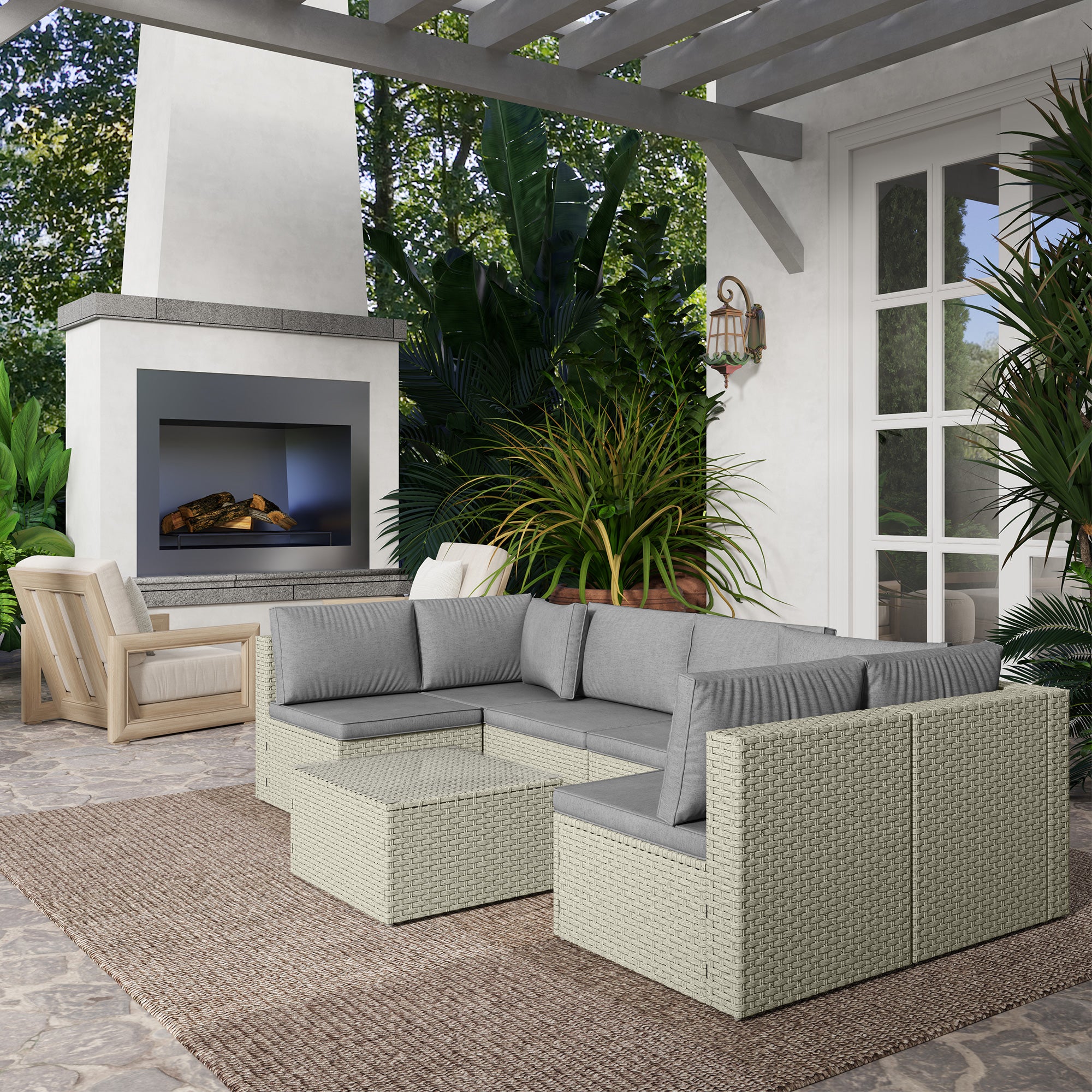 Outsunny 7 Pieces Rattan Garden Furniture Set, 6 Seater Garden Corner Sofa with Wide Seat, Cushions and Glass Top Table, Sectional Outdoor Furniture Conservatory Set for Patio, Light Brown - North Peak Garden Furniture