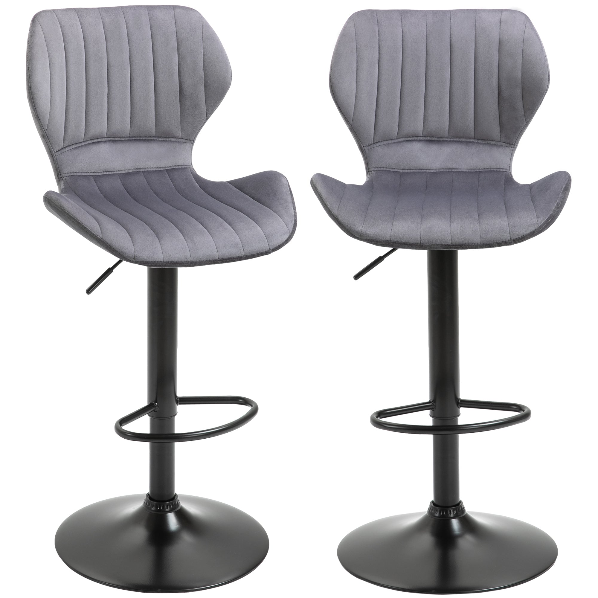 HOMCOM Bar Stool Set of 2 Velvet-Touch Fabric Adjustable Height Swivel Counter Chairs with Footrest, Grey - North Peak Garden Furniture