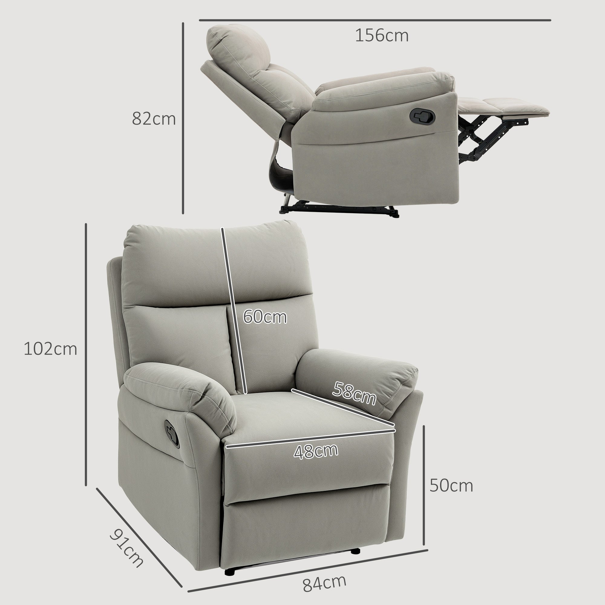 HOMCOM 140° Manual Reclining Armchair, with Footrest - Grey - North Peak Garden Furniture