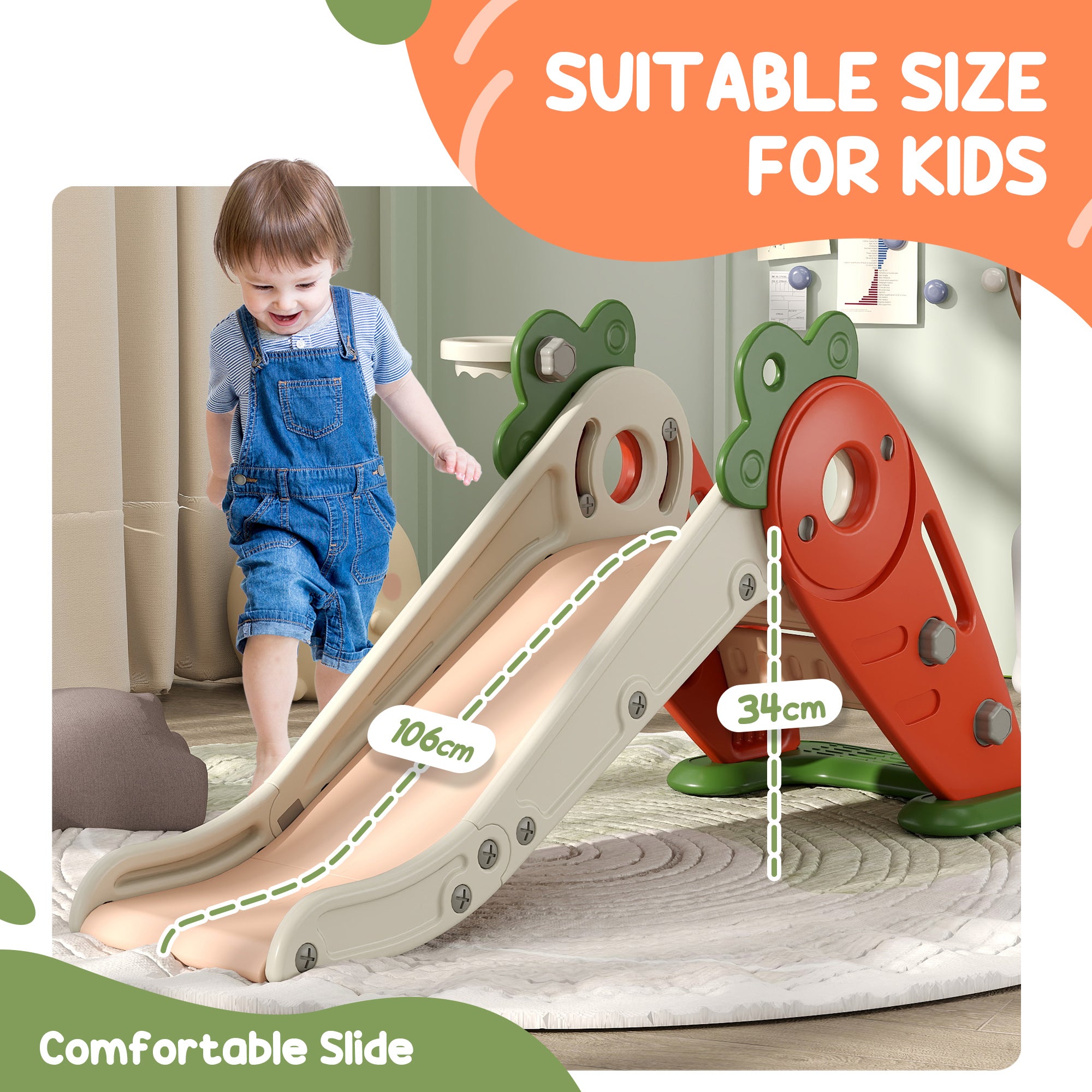 AIYAPLAY 3 in 1 Foldable Toddler Slide with Basketball Hoop, Climber, Carrot-themed, for 1-3 Years - North Peak Garden Furniture