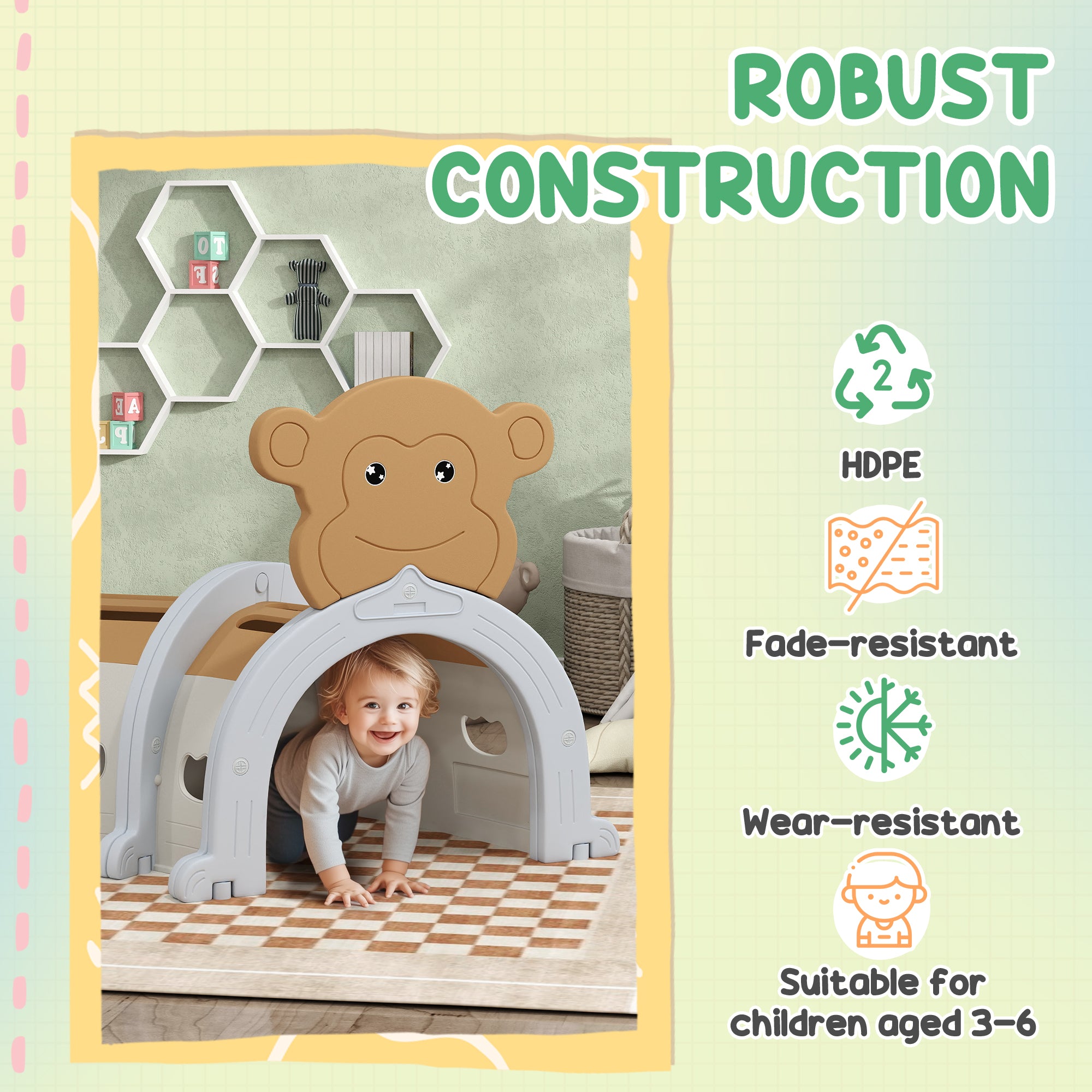 AIYAPLAY Monkey Design Kids Play Tunnel for Crawl and Climb, for 3-6 Years, Brown - North Peak Garden Furniture