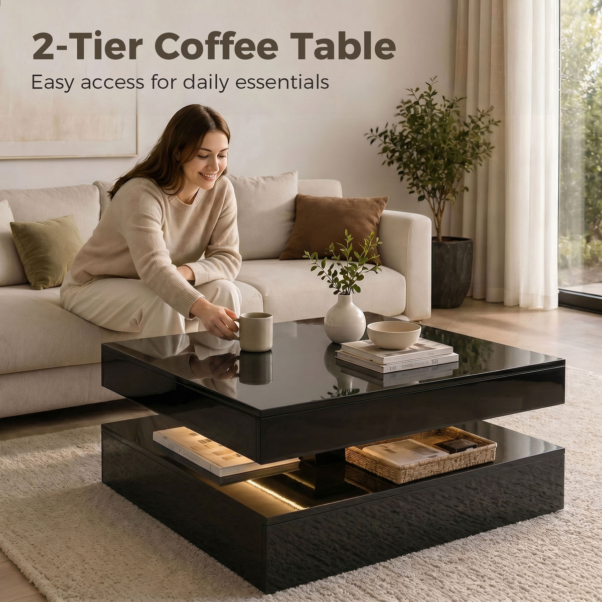 HOMCOM LED Coffee Table with Storage, 2-Tier Modern Centre Table with Open Shelf and Remote for Living Room, High Gloss Black