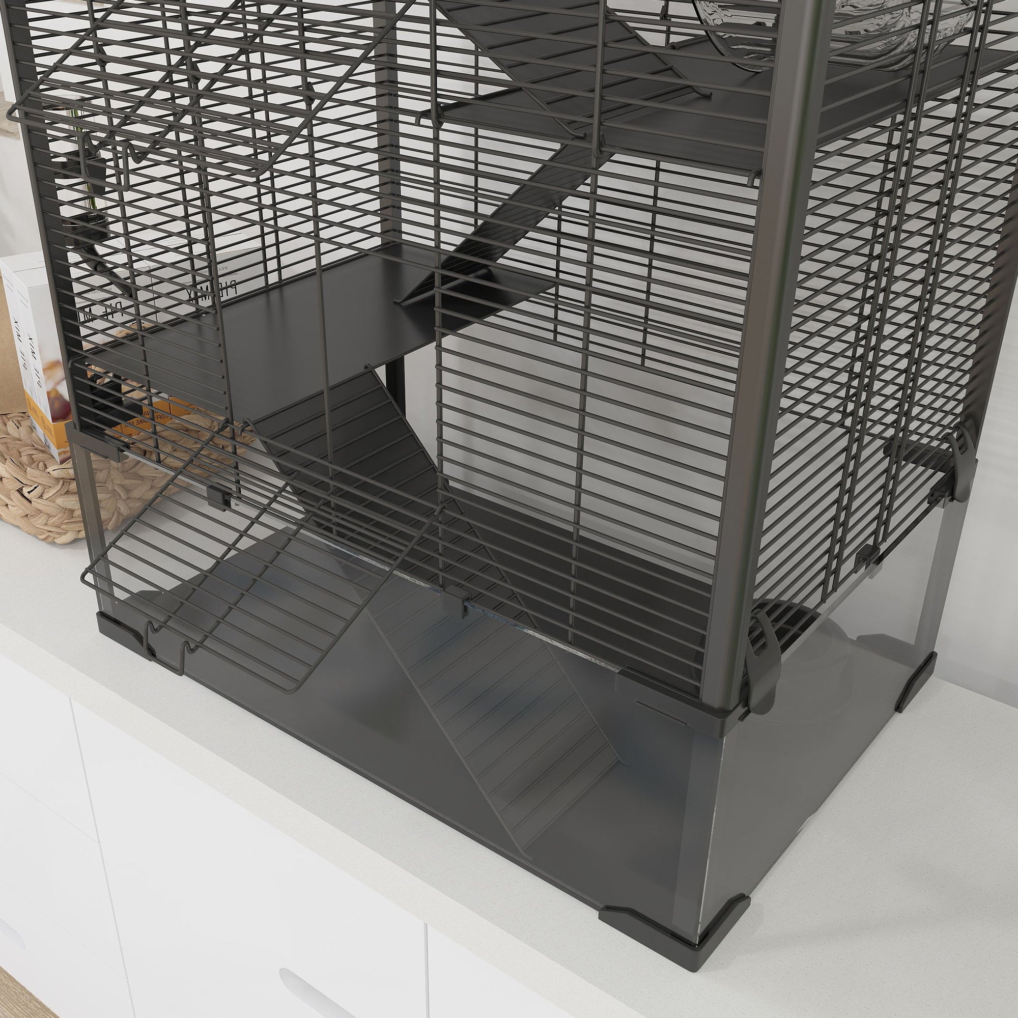 PawHut 4 Tiers Hamster Cage with Deep Tempered Glass Bottom, Hut, Running Wheel, Food Dish, Water Bottle, 60 x 40 x 80cm