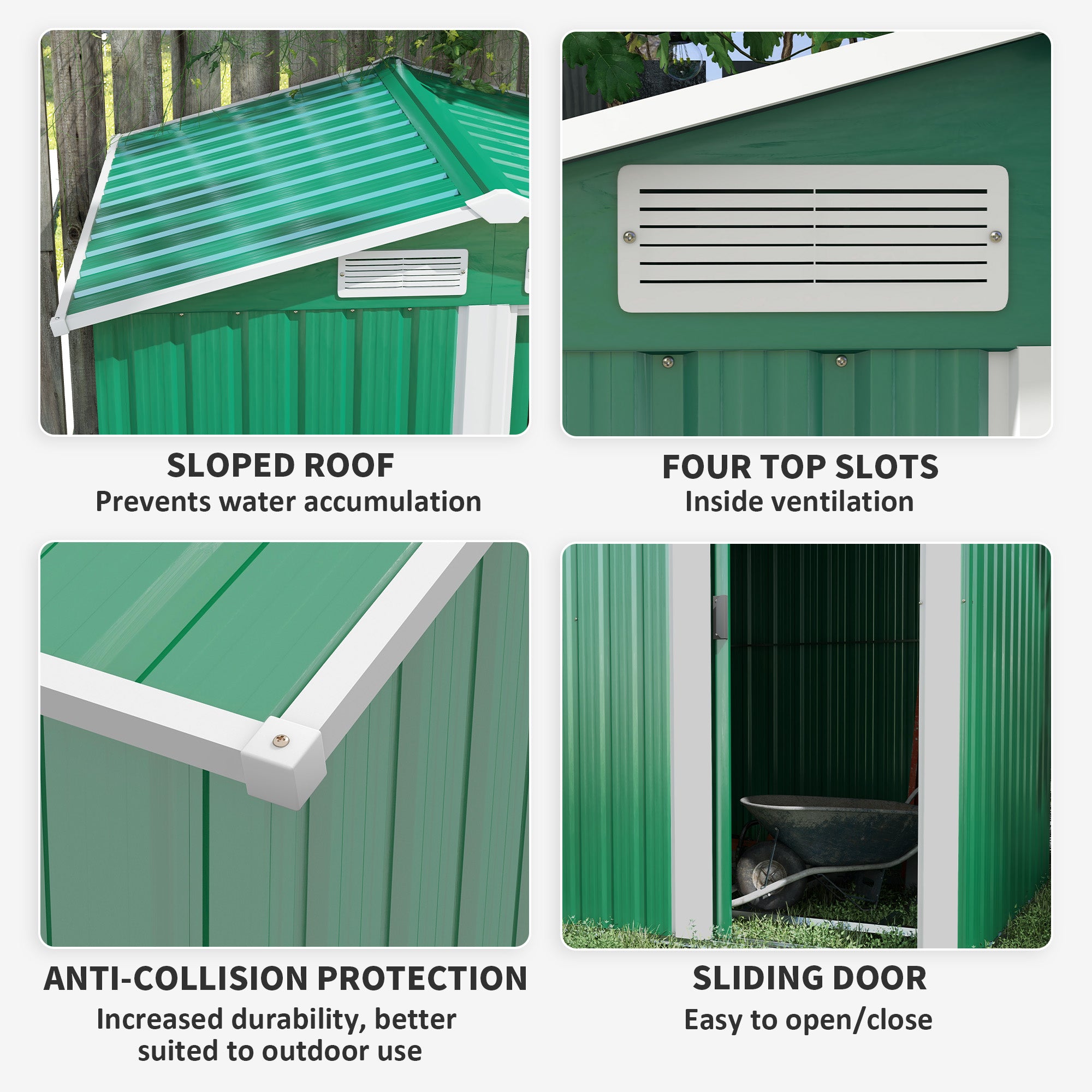 Outsunny Garden Metal Tool Storage Shed with Sliding Door, Sloped Roof and Floor Foundation, 152 x 132 x 188cm, Green - North Peak Garden Furniture