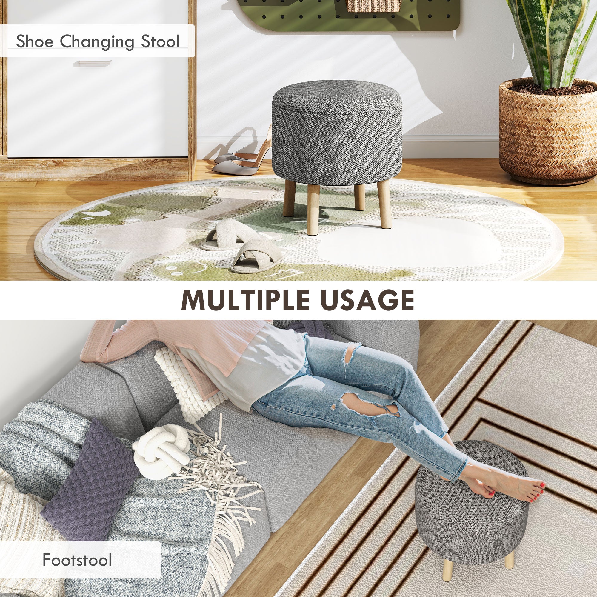 HOMCOM Round Linen-Look Storage Ottoman - Light Grey - North Peak Garden Furniture