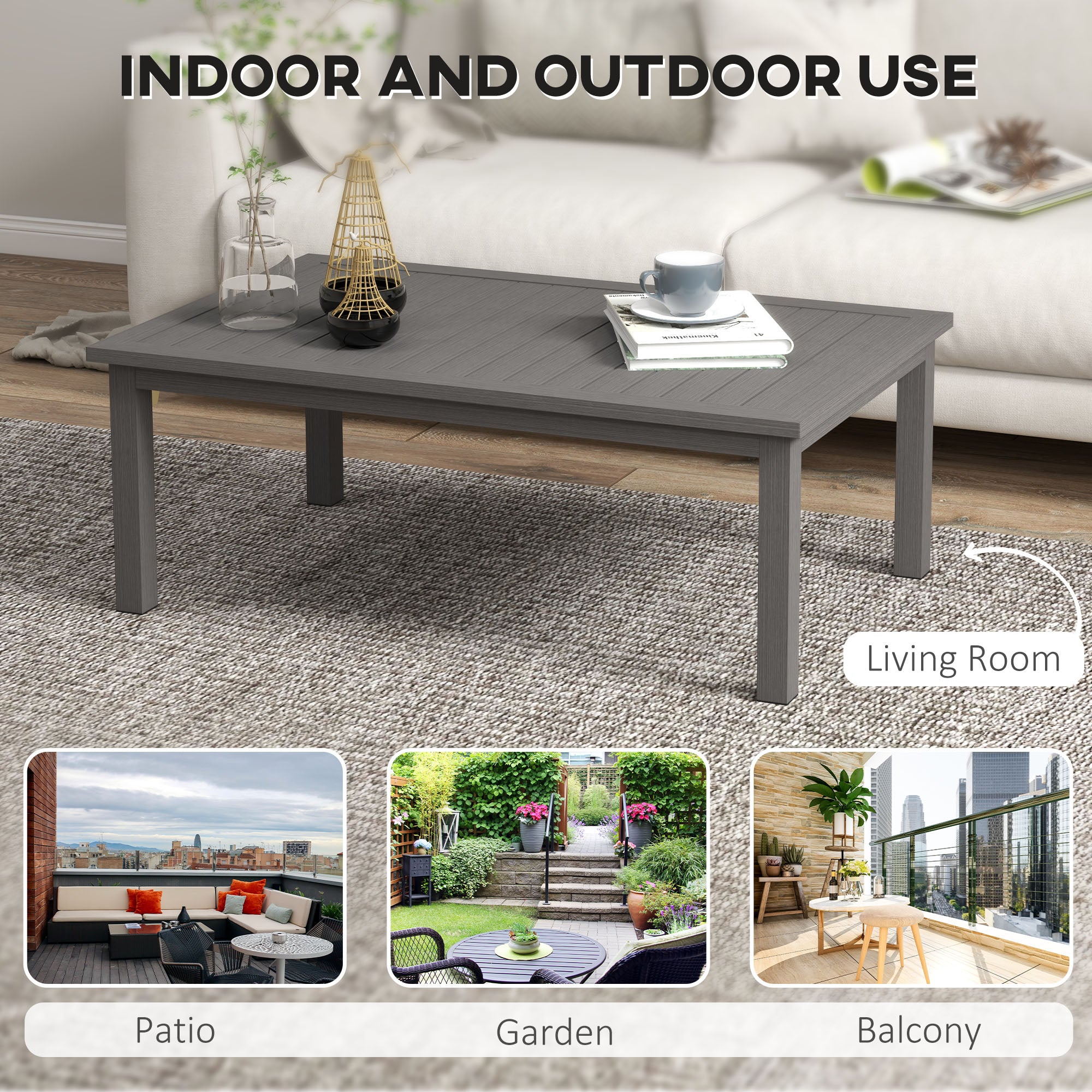 Outsunny Aluminium Outdoor Side Table, Slat Patio Coffee Table with Wood Grain Effect for Garden, Balcony, 100cm x 60cm, Brown - North Peak Garden Furniture