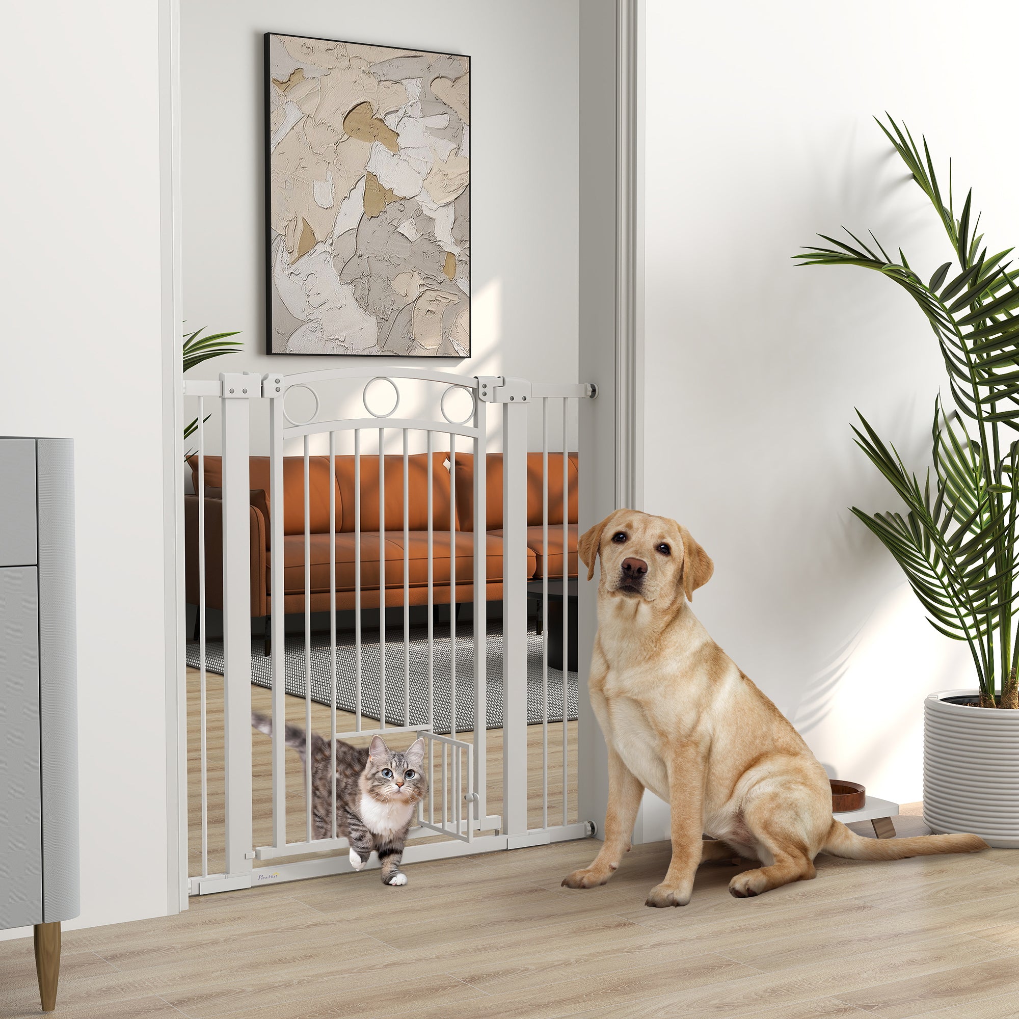 PawHut 106cm Tall Dog Gate with Cat Door, 7cm and 14cm Extensions, for Stairs, Doorways, 76-104cm Width - North Peak Garden Furniture