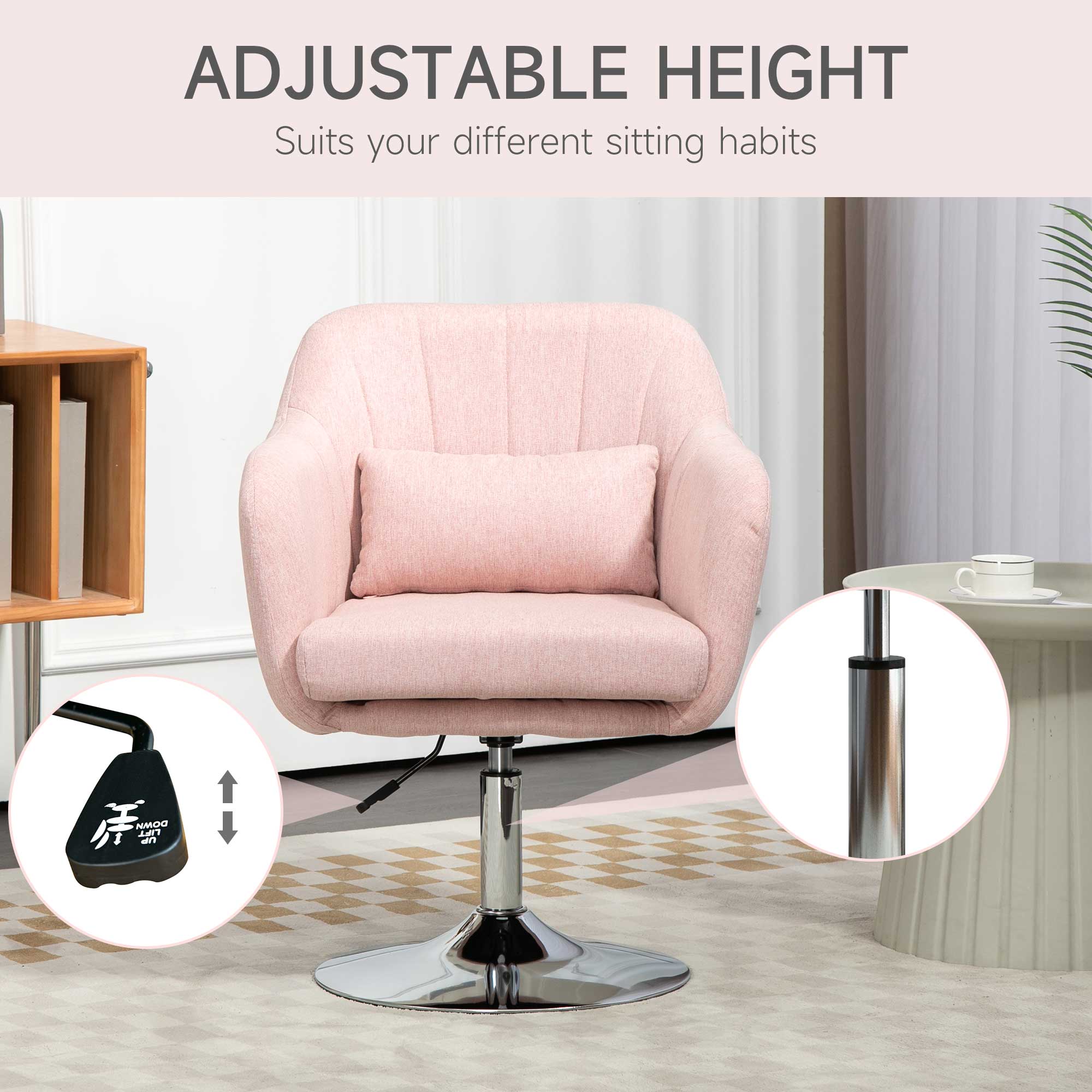 HOMCOM Swivel Linen Fabric Accent Chair for Living Room Contemporary Vanity Armchair with Adjustable Height Thick Cushion Lumbar Support Armrest for Bedroom Office Pink - North Peak Garden Furniture
