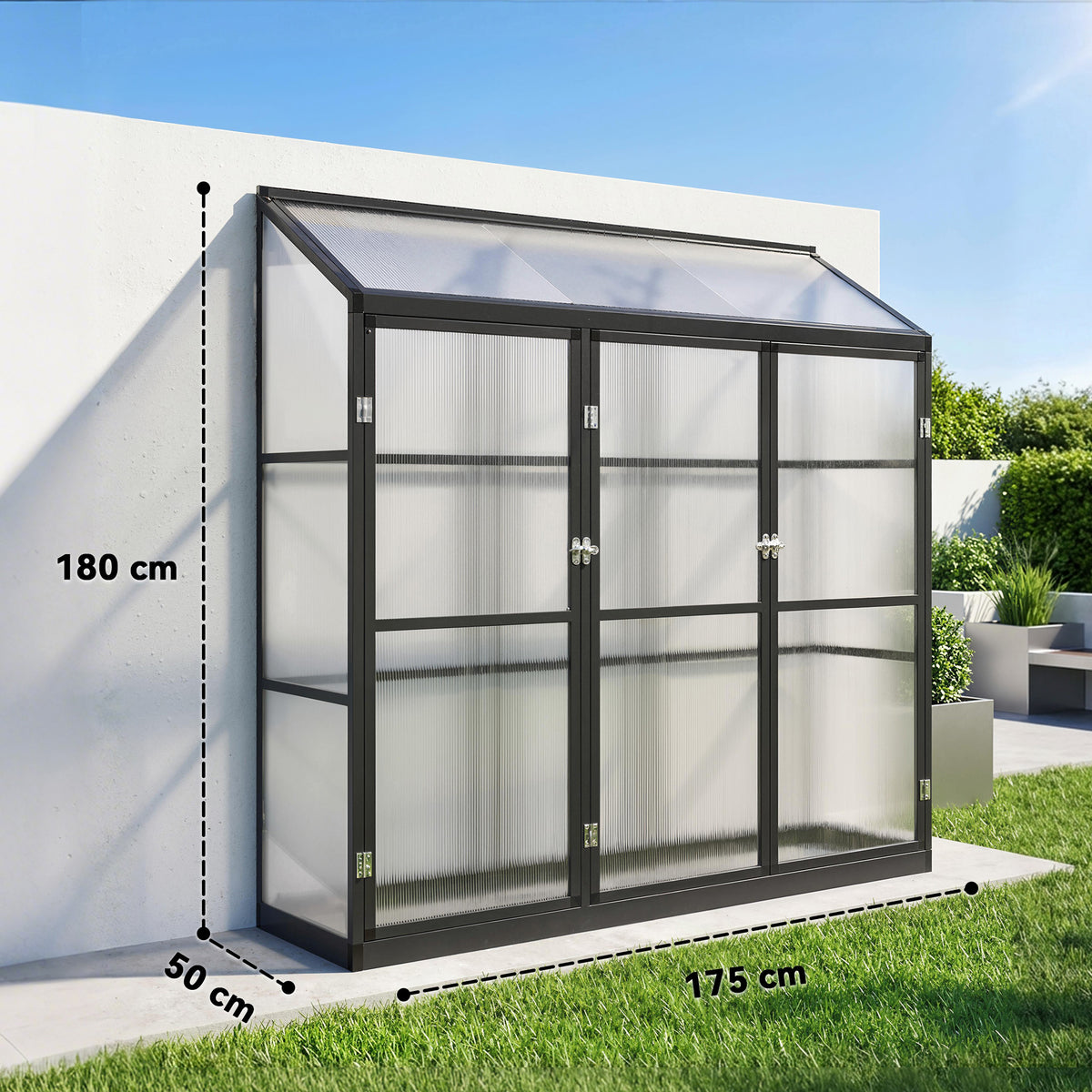 Outsunny 6 x 1.5ft Polycarbonate Greenhouse, Quick Setup, Lean-to Green House with 3 Hinged Doors, Top Vent, Black