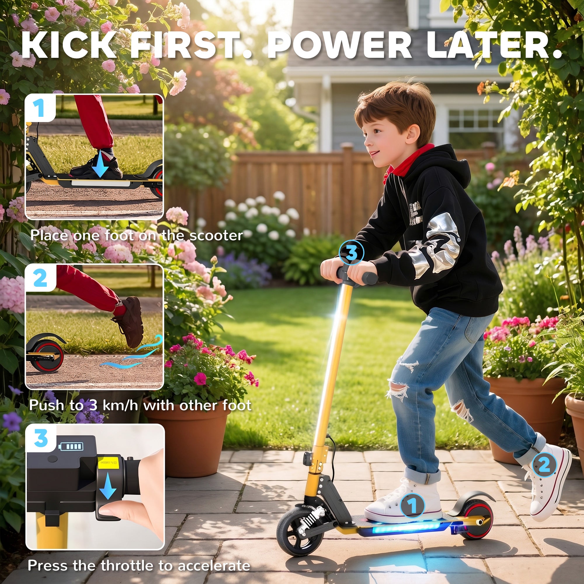 SPORTNOW Folding Electric Scooter for Kids Age 6-14 with Dual Brakes, Front Suspension, LED Colourful Lights and Display, 6.8kg Lightweight Aluminium E Scooter, Up to 14 KM/H & 6 KM, Gold Tone
