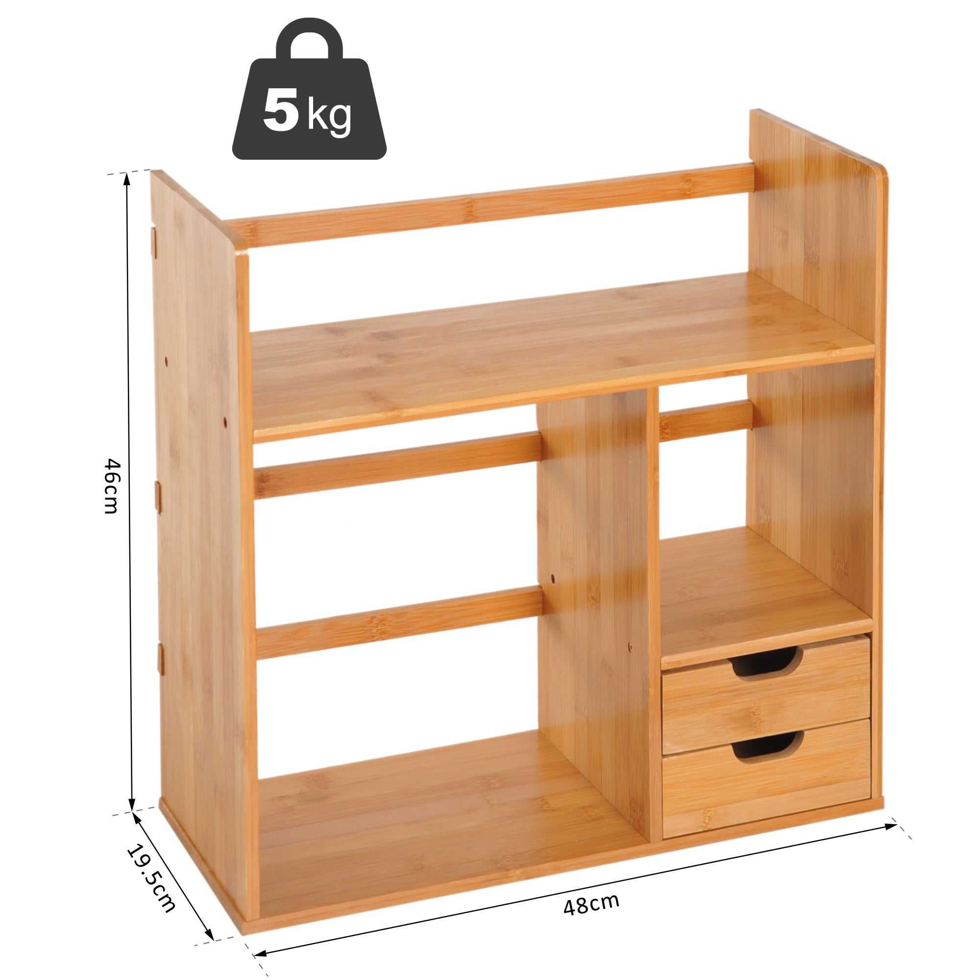 HOMCOM Desk Organiser Compartments Desktop Bookshelf Stationery Storage Shelf Document File Holder with 2 Drawers 2-way Reversed Use Bamboo - North Peak Garden Furniture