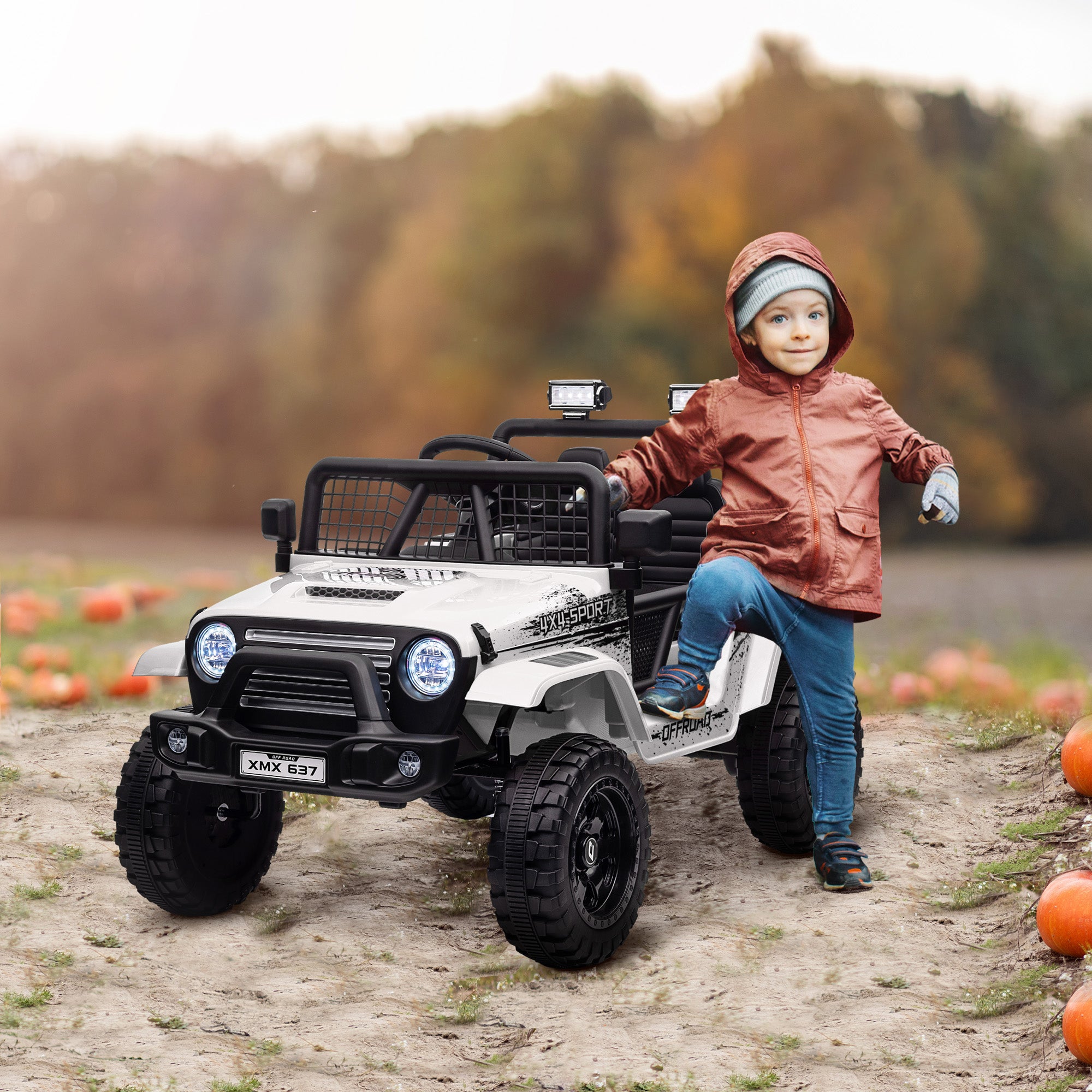 AIYAPLAY 12V Battery Powered Kids Ride On Car, Electric Truck w/ Spring Suspension, Remote, Music Horn Lights - White - North Peak Garden Furniture