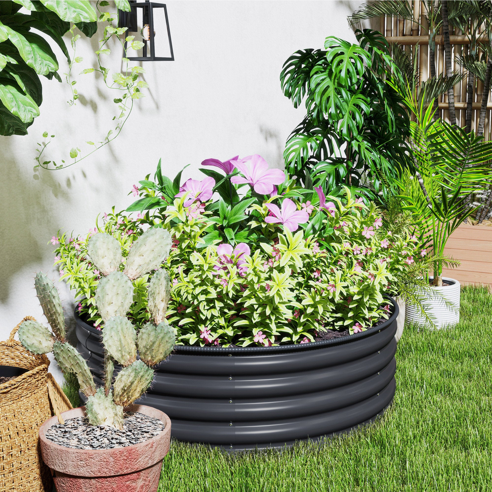 Outsunny Galvanised Raised Garden Bed with Safety Edging, Outdoor Raised Planter Box with Gloves, 120 x 120 x 43cm, Dark Grey - North Peak Garden Furniture