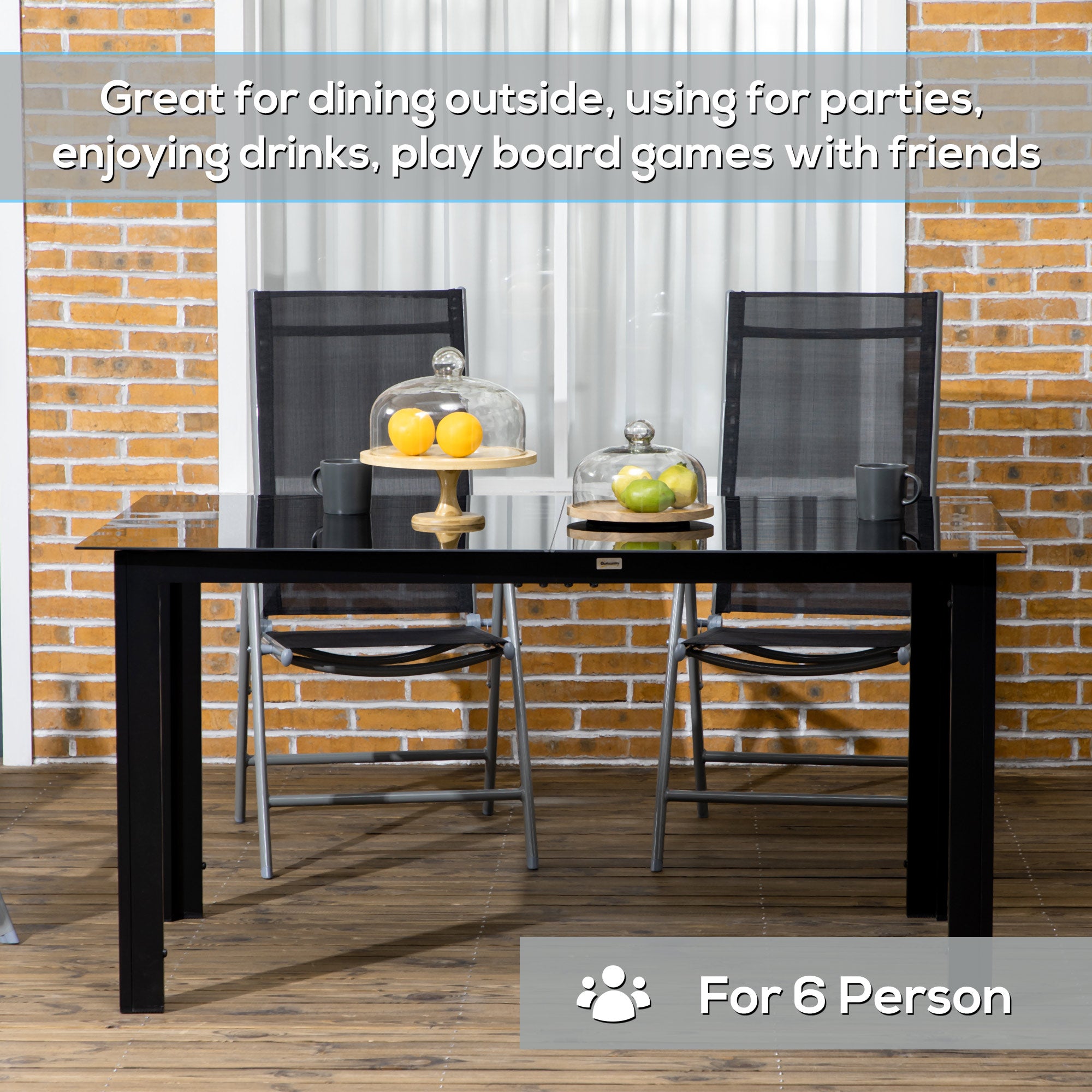 Outsunny Outdoor Dining Table for 6, Aluminium Rectangular Garden Table with Tempered Glass Tabletop for Yard, Patio, Black - North Peak Garden Furniture