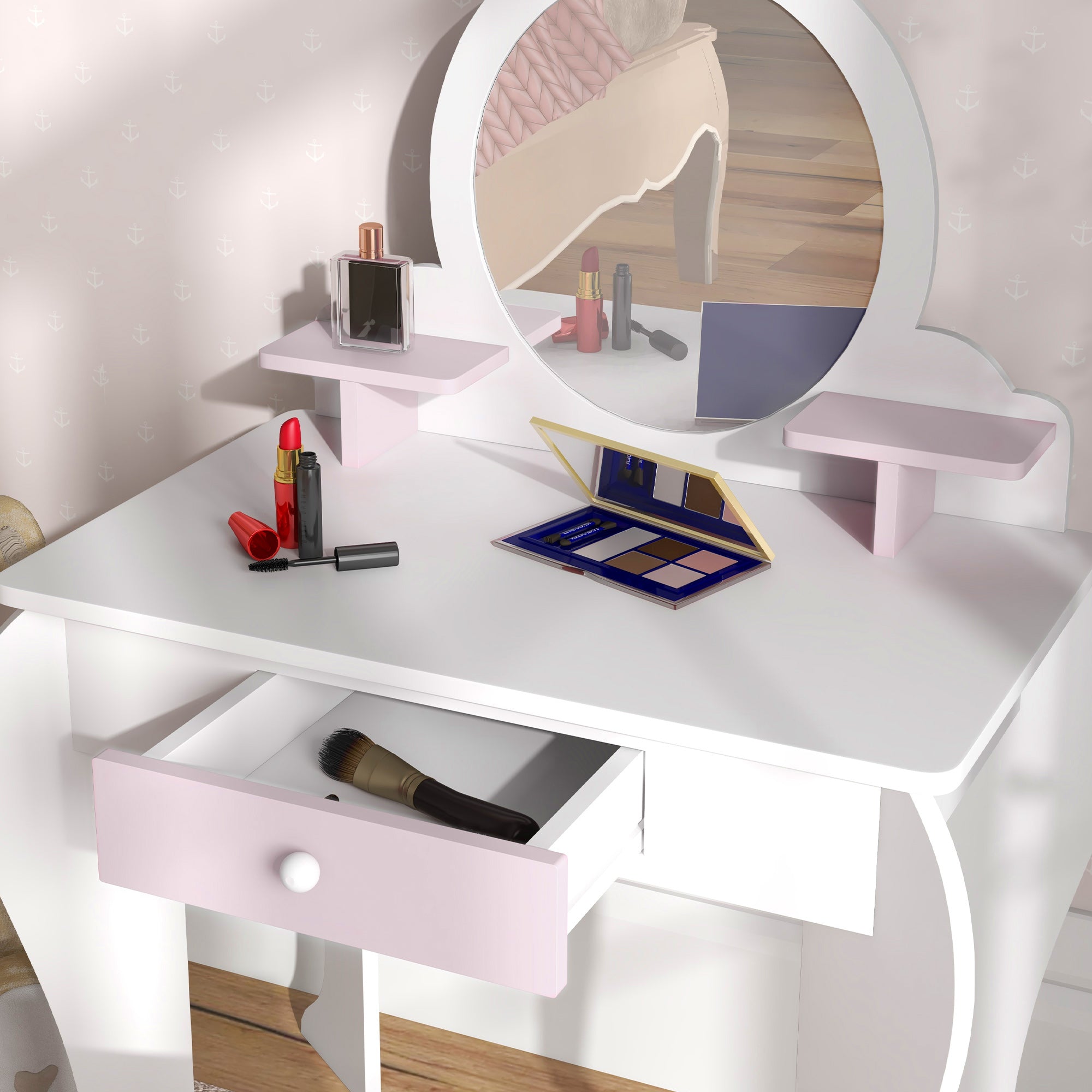 ZONEKIZ Wooden Kids Bedroom Furniture Set with Kids Dressing Table, Stool, Bed, for 3-6 Years, Bunny-Design - North Peak Garden Furniture