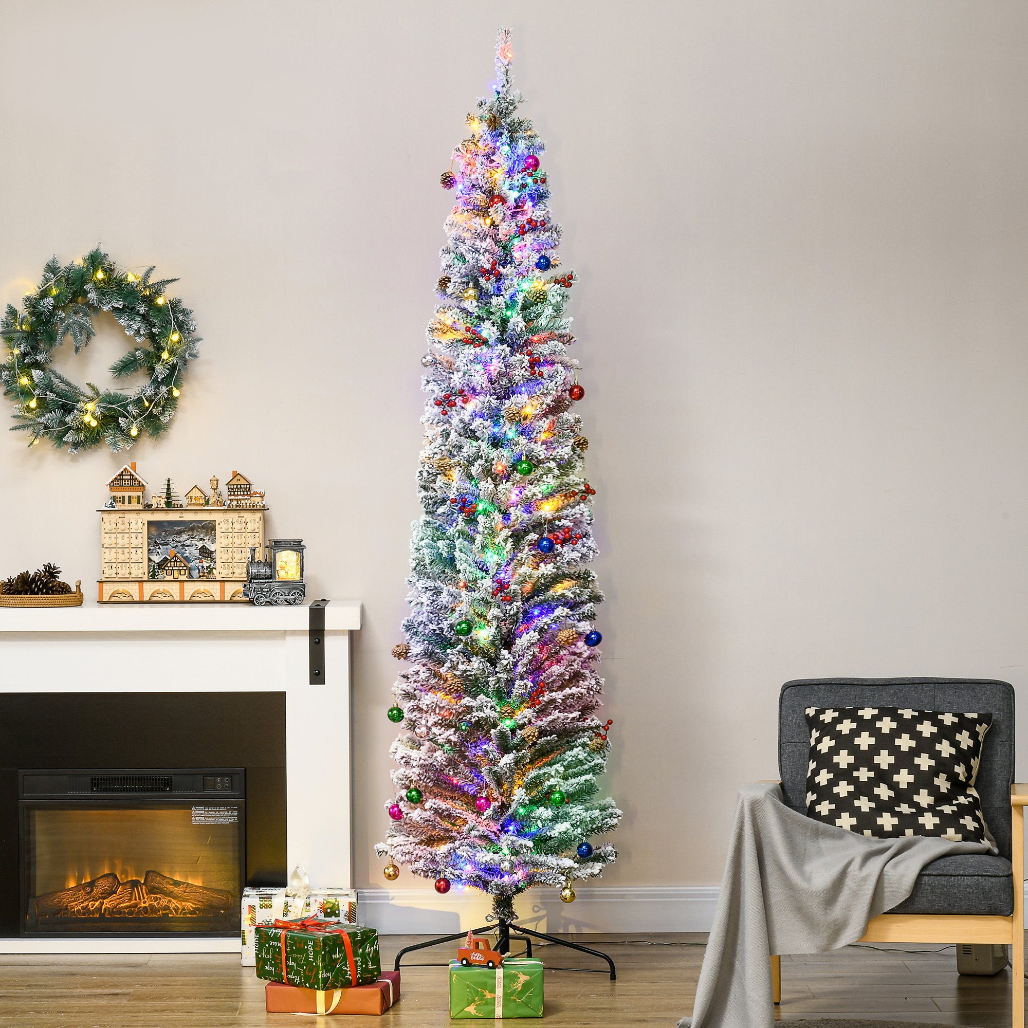 HOMCOM 7.5' Artificial Prelit Christmas Trees Holiday Décor with Colourful LED Lights, Flocked Tips, Berry, Pine Cone - North Peak Garden Furniture