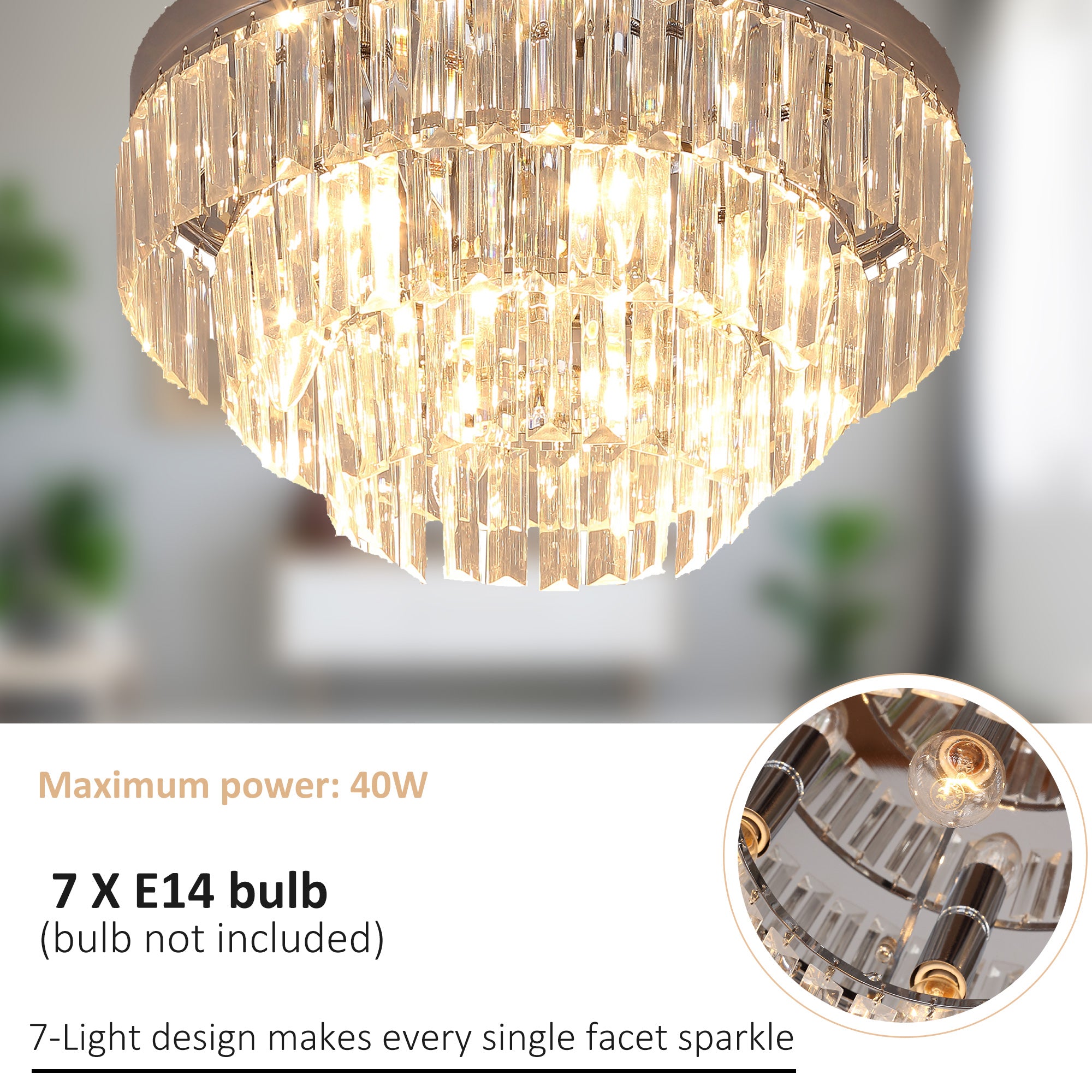 HOMCOM Round Crystal Ceiling Lamp 7 Lights Chandelier Mounted Fixture For Living Room Dining Room Hallway Modern