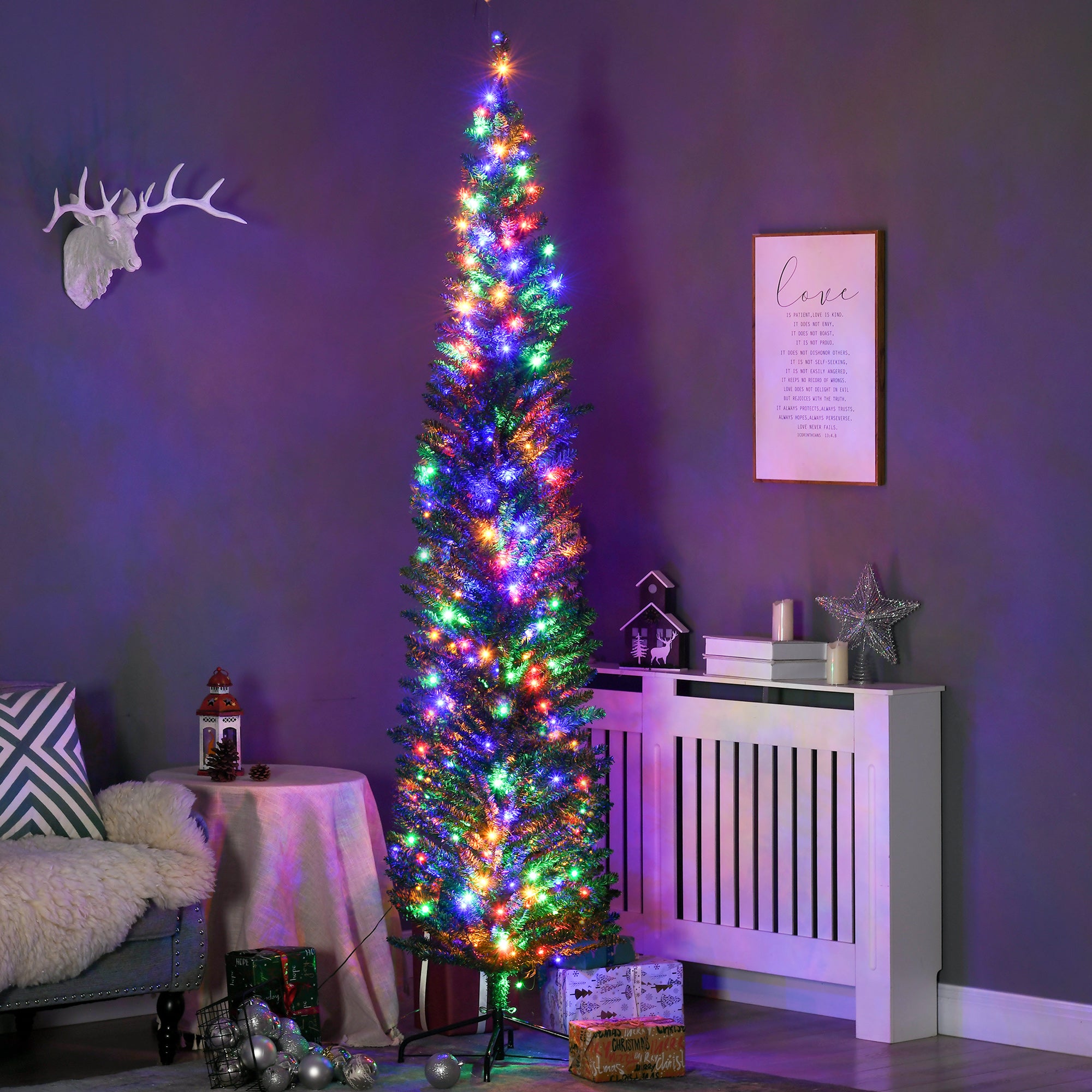 HOMCOM 7.5' Artificial Prelit Christmas Trees Holiday Décor with Colourful LED Lights, Pencil Shape, Steel Base - North Peak Garden Furniture