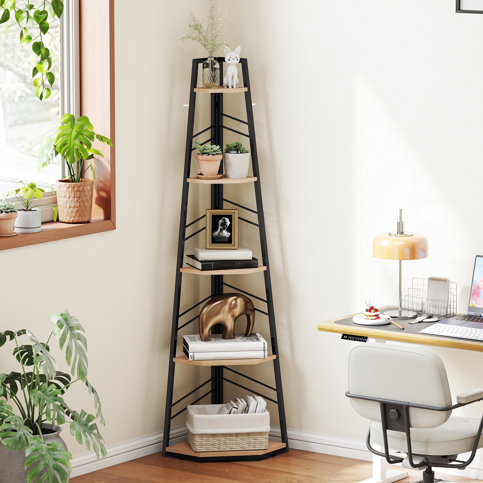 HOMCOM Corner Bookcase, 5-Tier Floor Standing Bookshelf, Shelving Unit for Living Room, Study, Bedroom, Natural Wood Finish