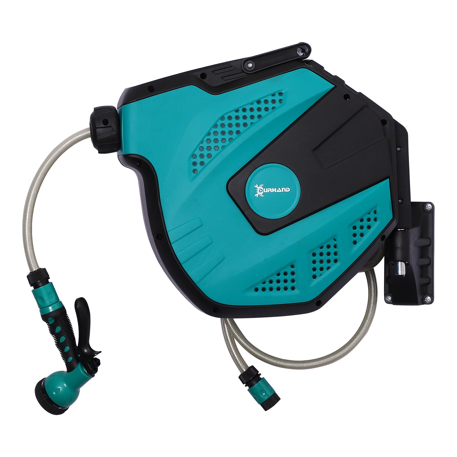 DURHAND 15m Garden Auto Hose Reel Wall Mounted Retractable 7 Patterns Spray Nozzle - North Peak Garden Furniture