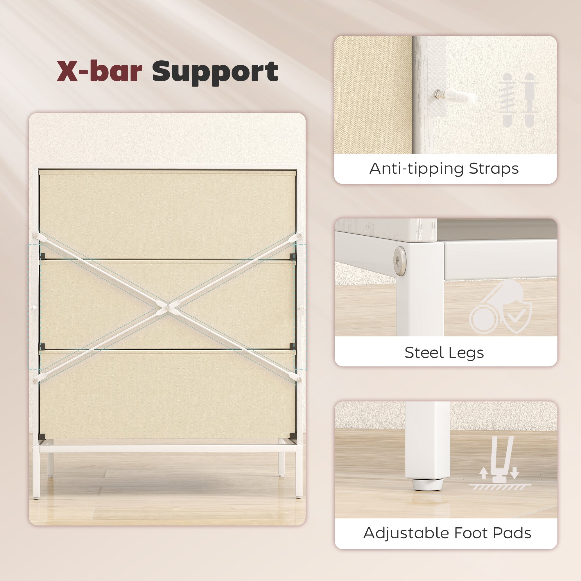 HOMCOM Chest of Drawers, Dresser with 3 Fabric Drawers and Aluminium Handles - White