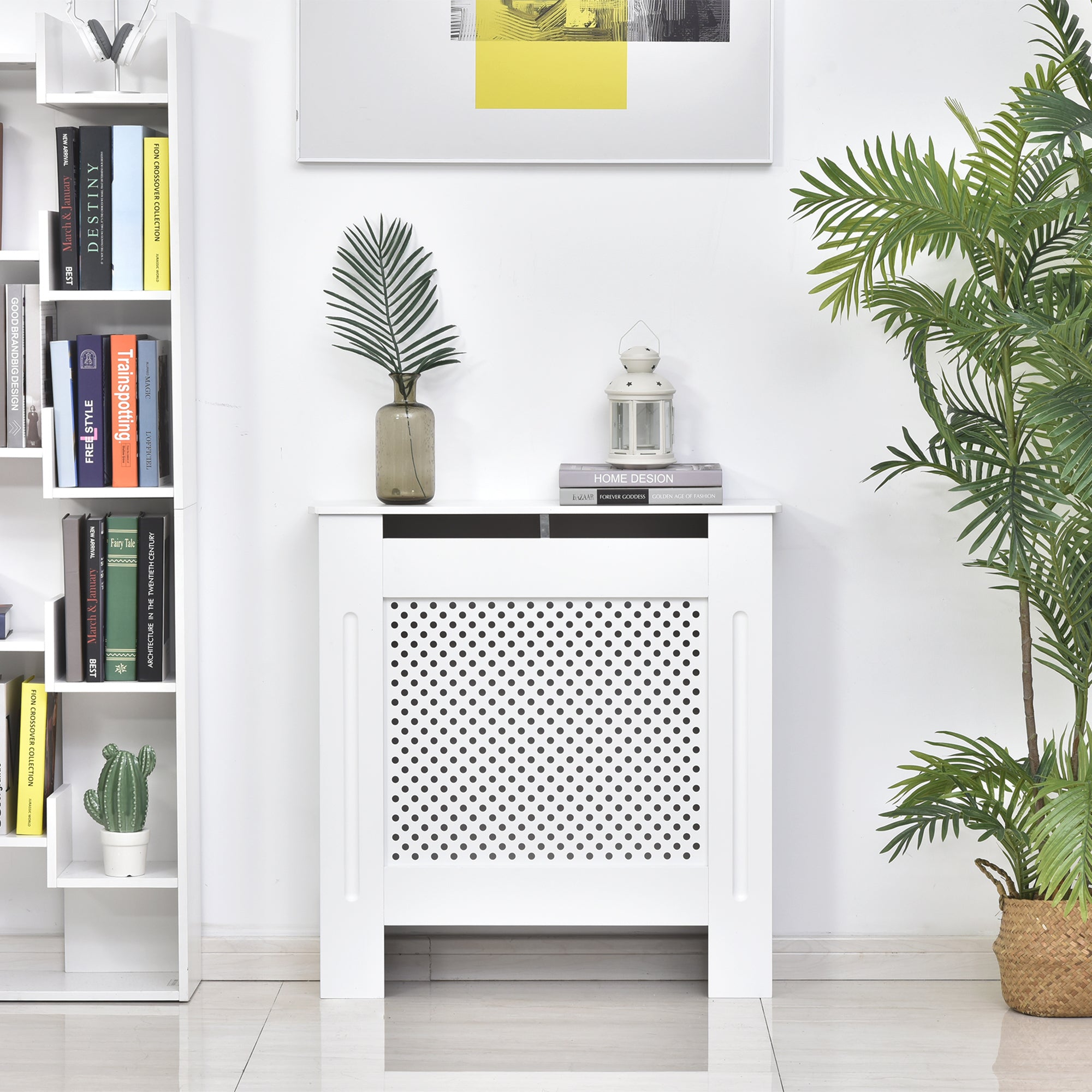 HOMCOM Wooden Radiator Cover Heating Cabinet Modern Home Furniture Grill Style  White Painted (Small)