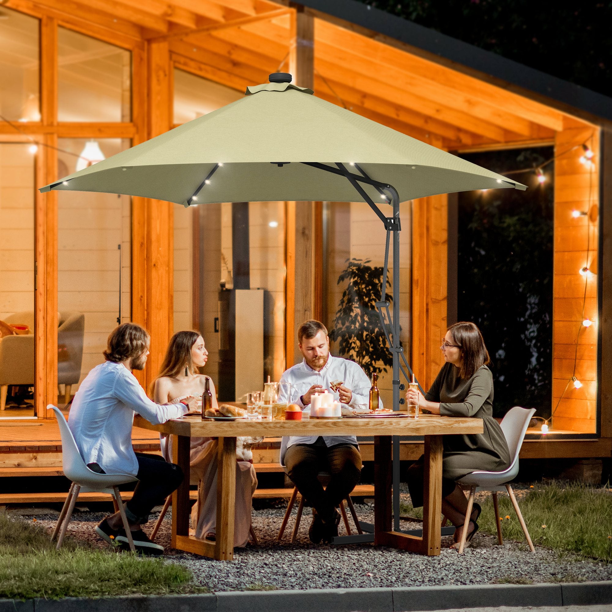 Outsunny 3(m) Garden Parasol Cantilever Umbrella with Solar LED, Cross Base and Waterproof Cover, Beige - North Peak Garden Furniture