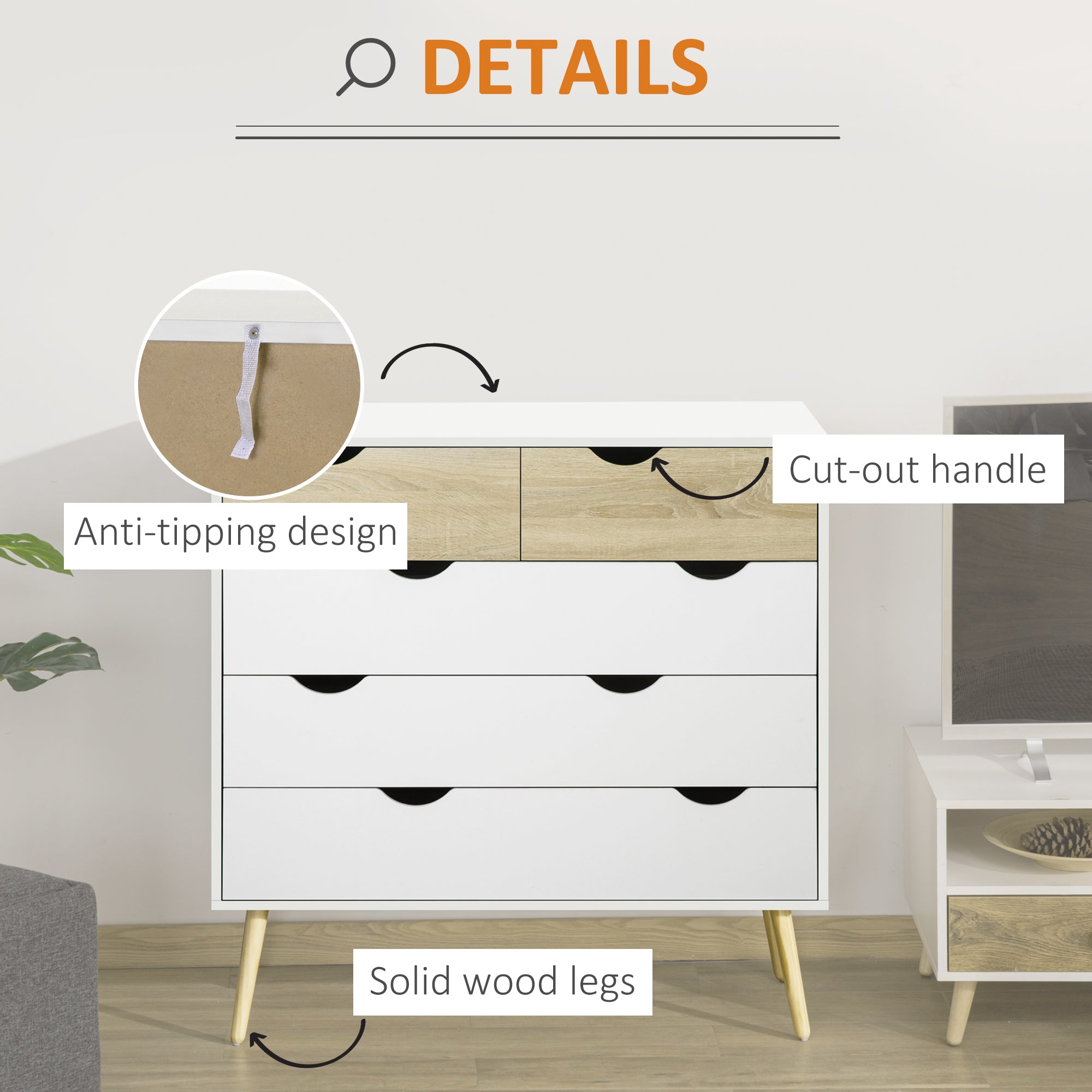 HOMCOM Nordic Style Chest of Drawers, 5 Drawer Dresser with 4 Tapered Legs and Groove Handles, Storage Organizer Side Cabinet for Bedroom, Living Room - North Peak Garden Furniture