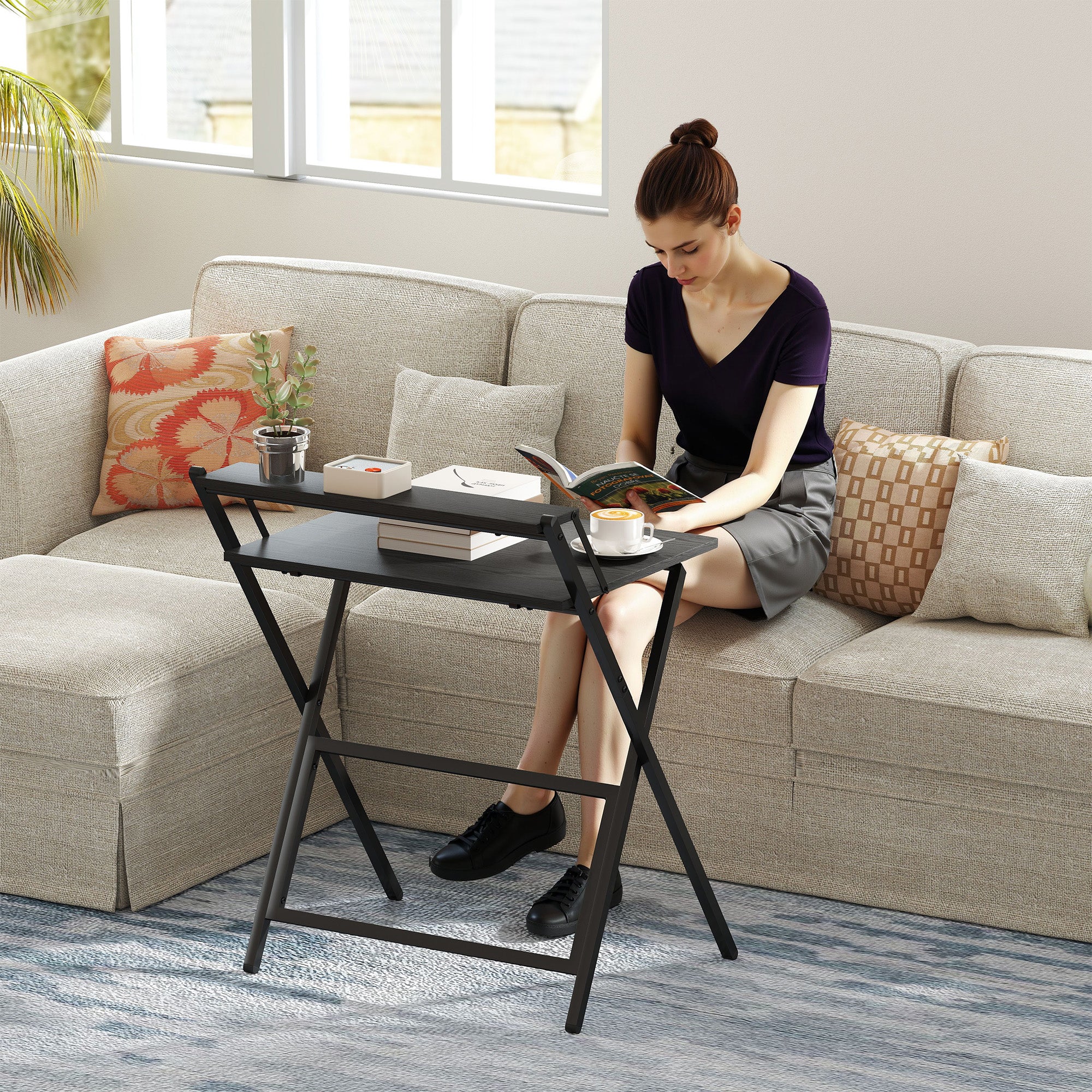 HOMCOM 70 cm Folding Computer Desk with Monitor Shelf - Black