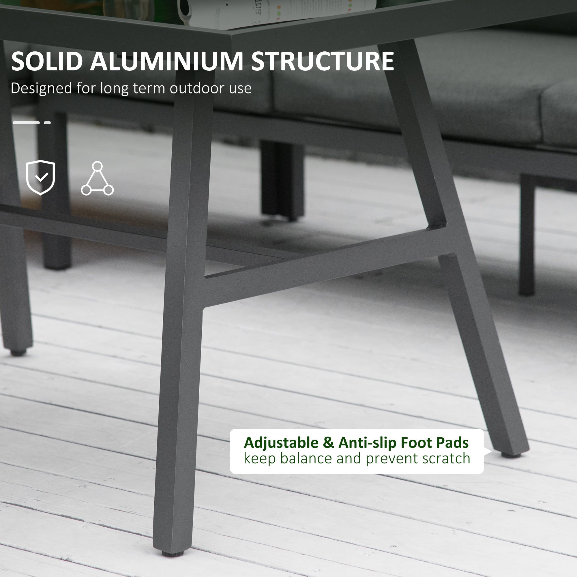 Outsunny 4 Piece L-shaped Garden Furniture Set 8-Seater Aluminium Outdoor Dining Set Conversation Sofa Set w/ Bench, Dining Table & Cushions, Grey - North Peak Garden Furniture