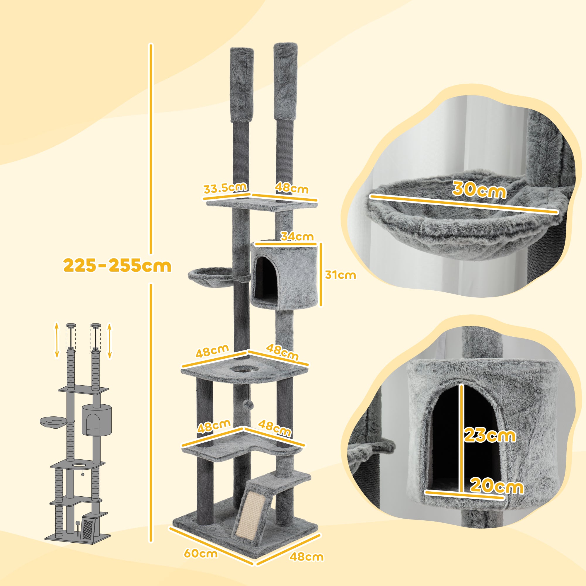 PawHut 225-255cm Height Floor-to-Ceiling Cat Tree Large Cat Tower w/ Cat Scratching Posts, Ramp, Condo