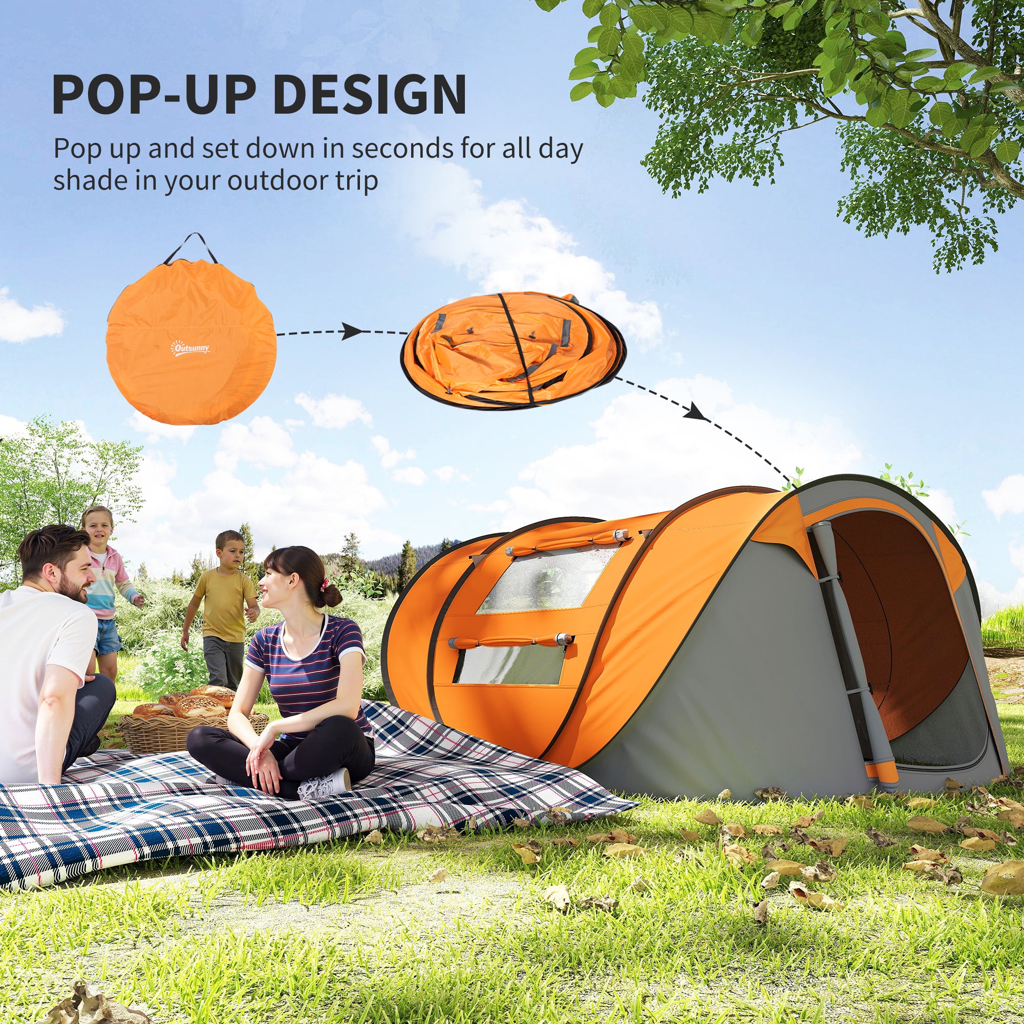 Outsunny 4-5 Person Pop-up Camping Tent Waterproof Family Tent w/ 2 Mesh Windows & PVC Windows Portable Carry Bag for Outdoor Trip, Orange