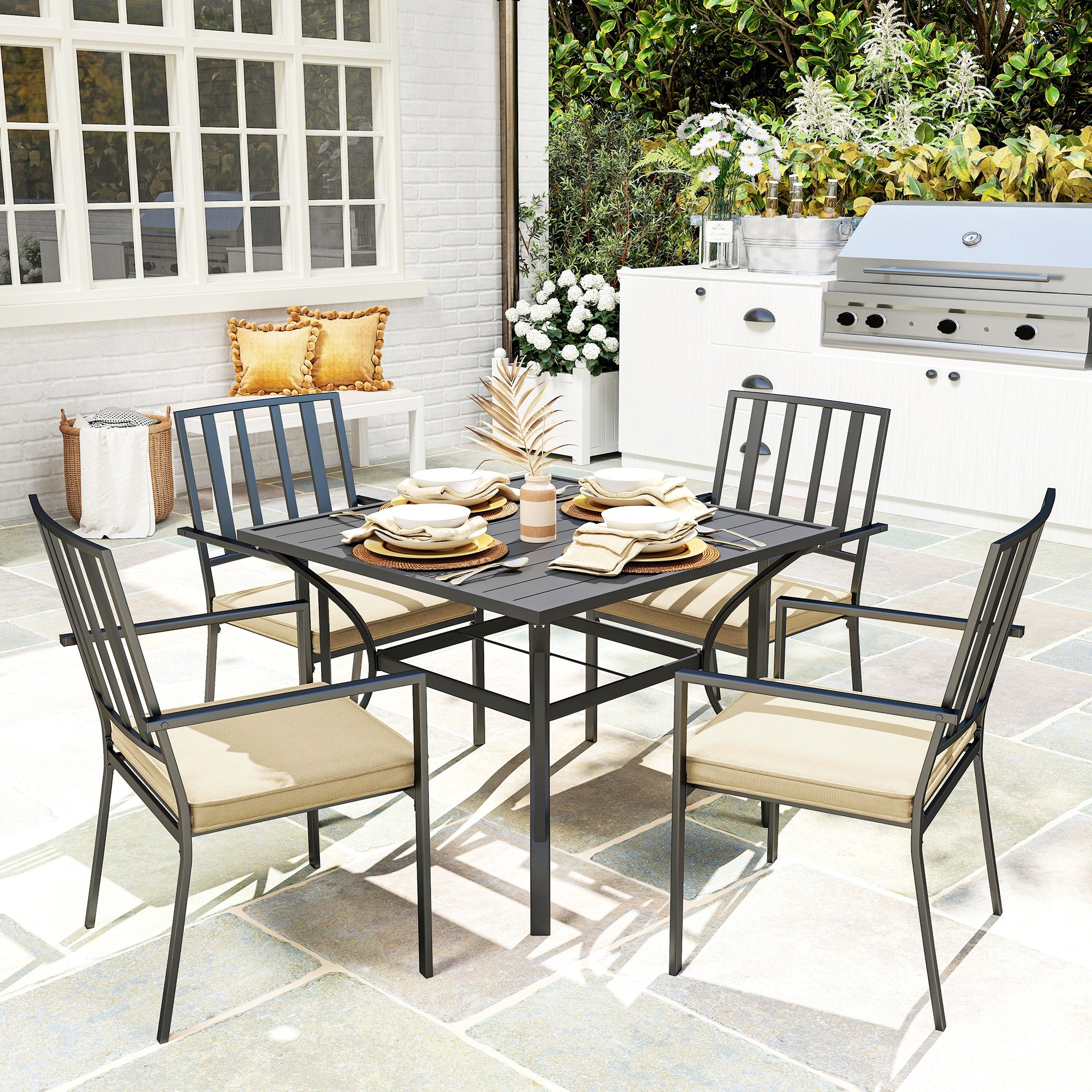 Outsunny 5 Pieces Garden Dining Set with Cushions, Outdoor Patio Table and 4 Stackable Chairs, Metal Top Table with Umbrella Hole, Black - North Peak Garden Furniture