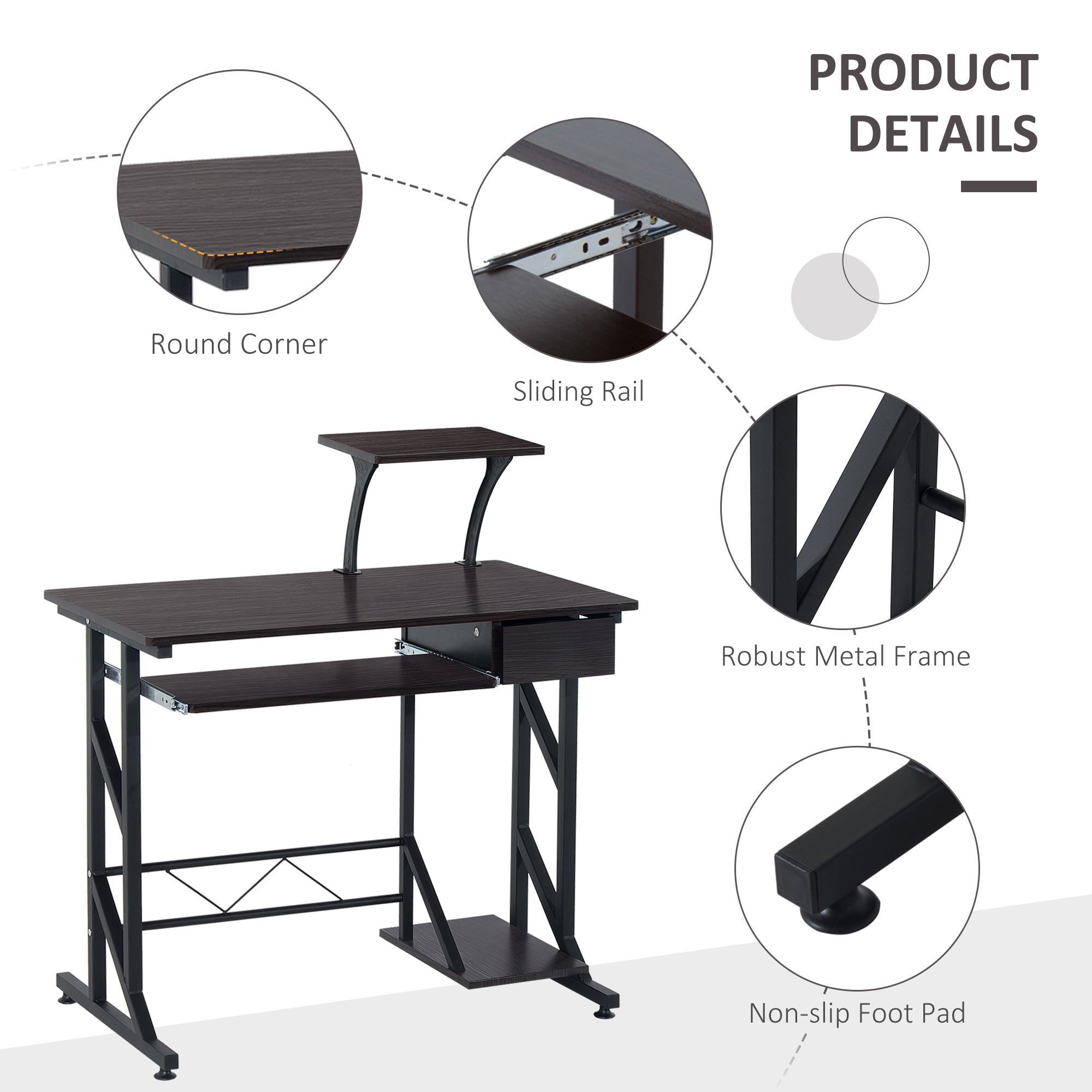 HOMCOM Computer Desk with Display Stand, Sliding Keyboard Tray Drawer and Host Box Shelf Home Office Workstation Dark Brown - North Peak Garden Furniture