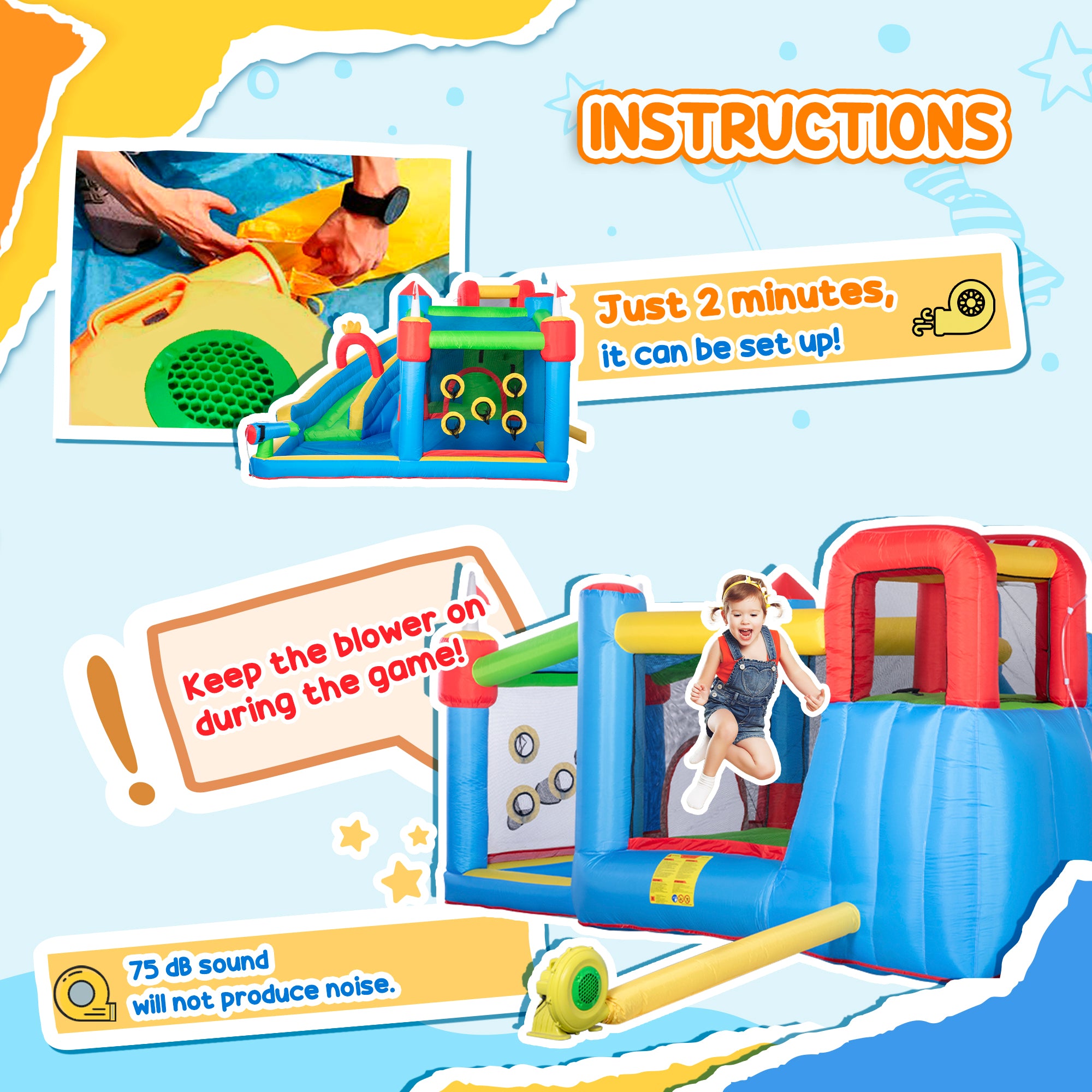 Outsunny Kids Inflatable Bouncy Castle Water Slide 6 in 1 Bounce House Jumping Castle Water Gun Climbing Wall with Air Blower for Age 3-8, 3.9 x 3 x 2m - North Peak Garden Furniture
