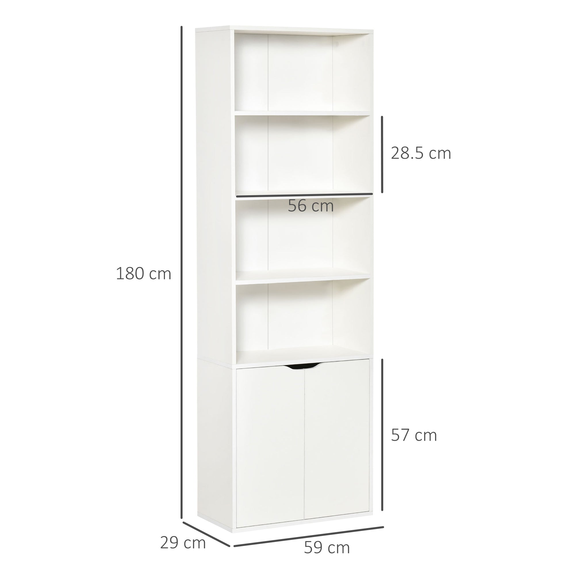 HOMCOM 6-Tier Tall Bookcase, Bookshelf with 4 Open Shelves and Double Door Storage Cabinet, Freestanding Display Rack for Living Room, Bedroom, Home Office, Study, 59 x 29 x 180cm, White - North Peak Garden Furniture