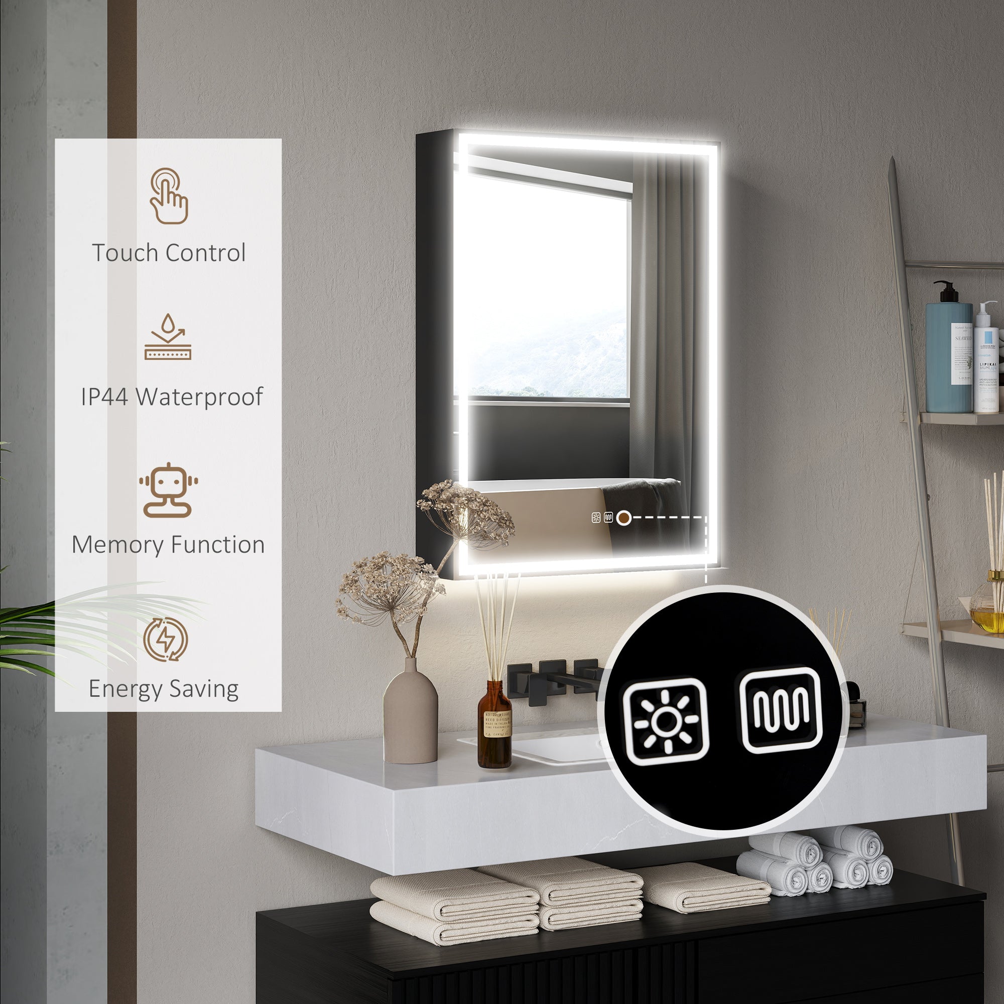 HOMCOM Bathroom Mirror Cabinet with LED Lights and Shaver Socket, 500 x 700 mm Wall Mounted Bathroom Cabinet with Mirror, Demister Pad, Dimmer, 3 Colours, Medicine Cabinet, Black