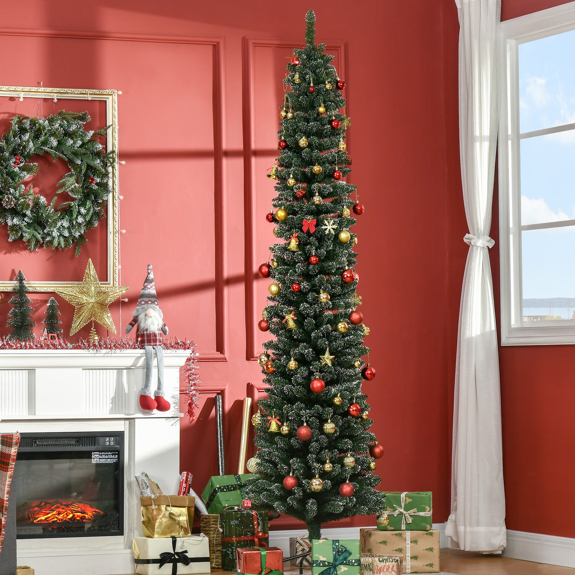 HOMCOM 7.5FT Artificial Snow Dipped Christmas Tree Xmas Pencil Tree Holiday Home Indoor Decoration with Foldable Black Stand, Green - North Peak Garden Furniture