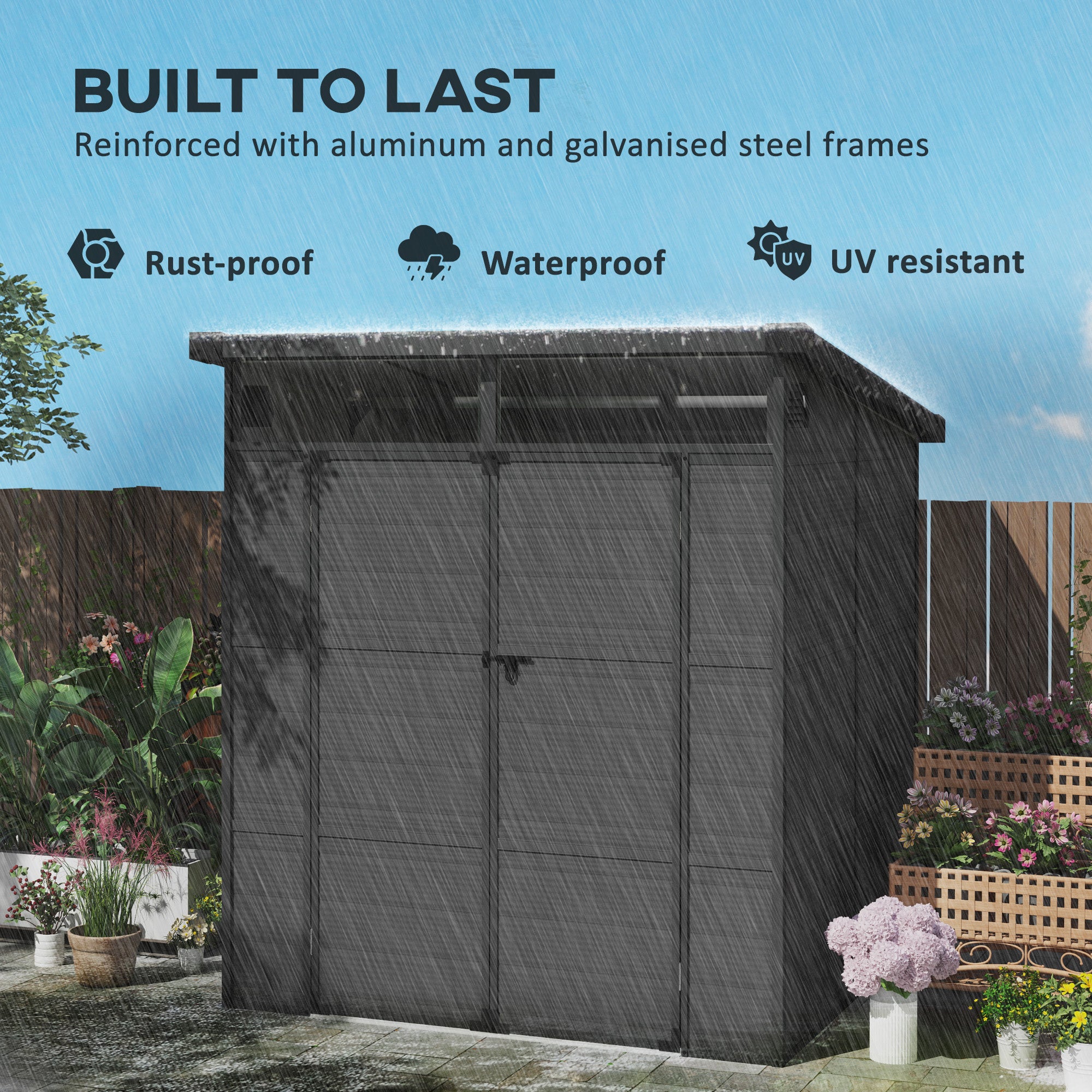Outsunny 6 x 6ft Outdoor Storage Shed, Plastic Garden Shed with Windows and Air Vents, Outdoor Resin Tool Shed with Latch Doors for Garden, Deck, Dark Grey - North Peak Garden Furniture