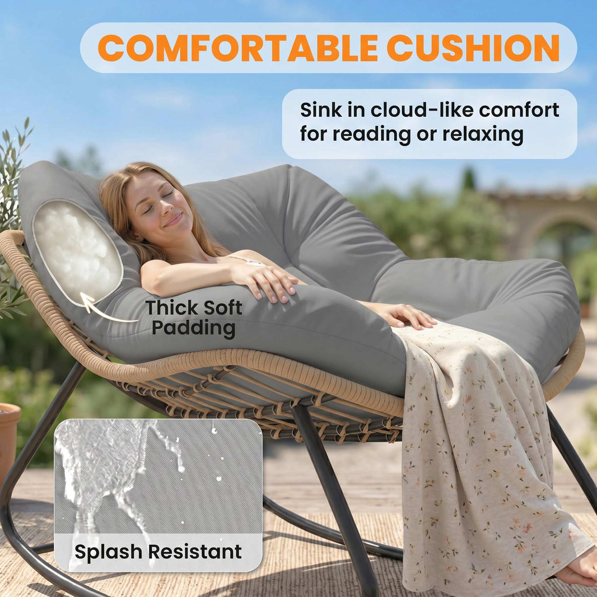 Outsunny Indoor Outdoor Rocking Chair, Oversized Rocking Egg Chair with Cushion for Living Room, Garden, Patio, Grey