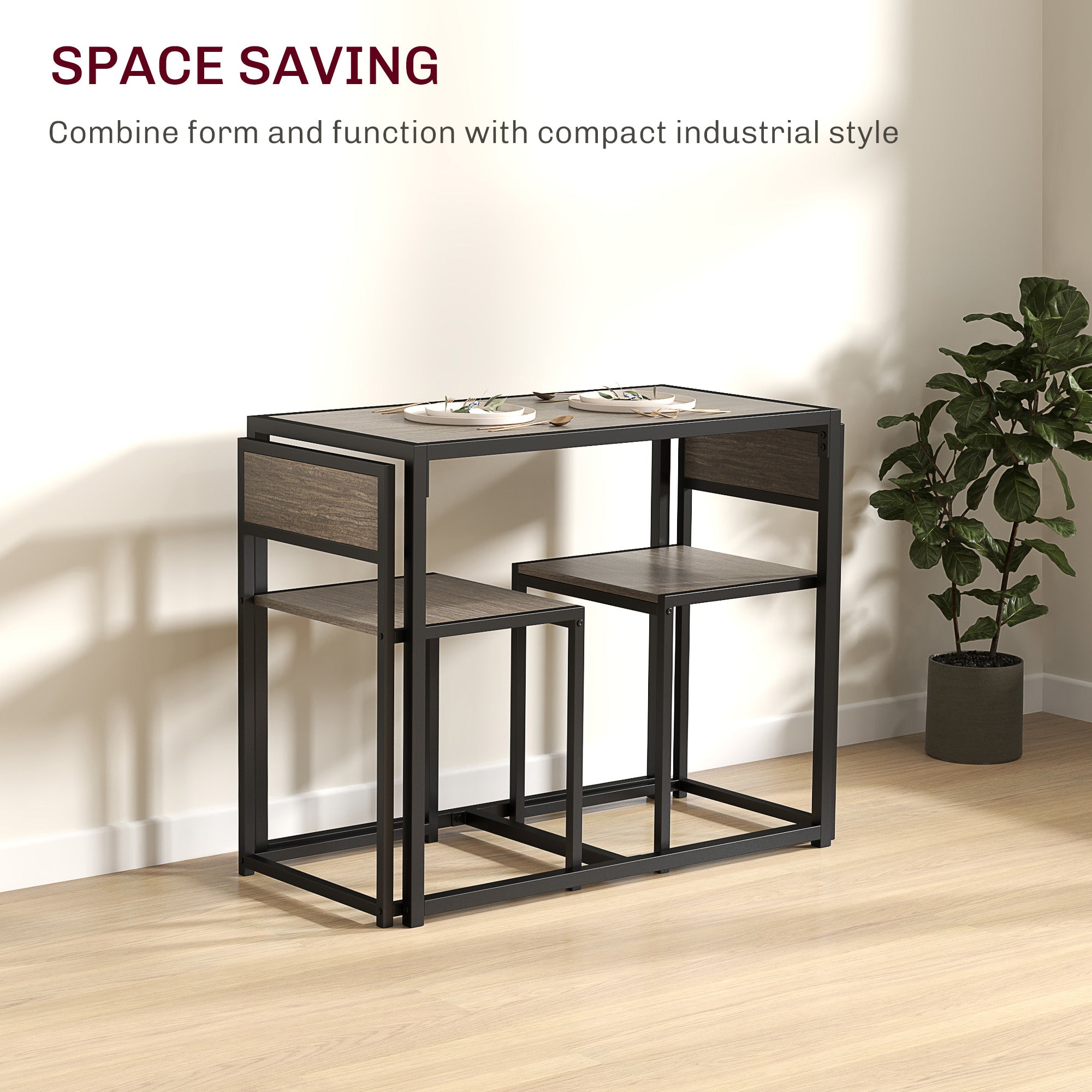 HOMCOM Dining Table and Chairs Set 2, Dining Room Sets, Rectangular Space Saving Table and 2 Chairs for Compact Kitchens, Steel Frame, Grey Wood-Effect - North Peak Garden Furniture