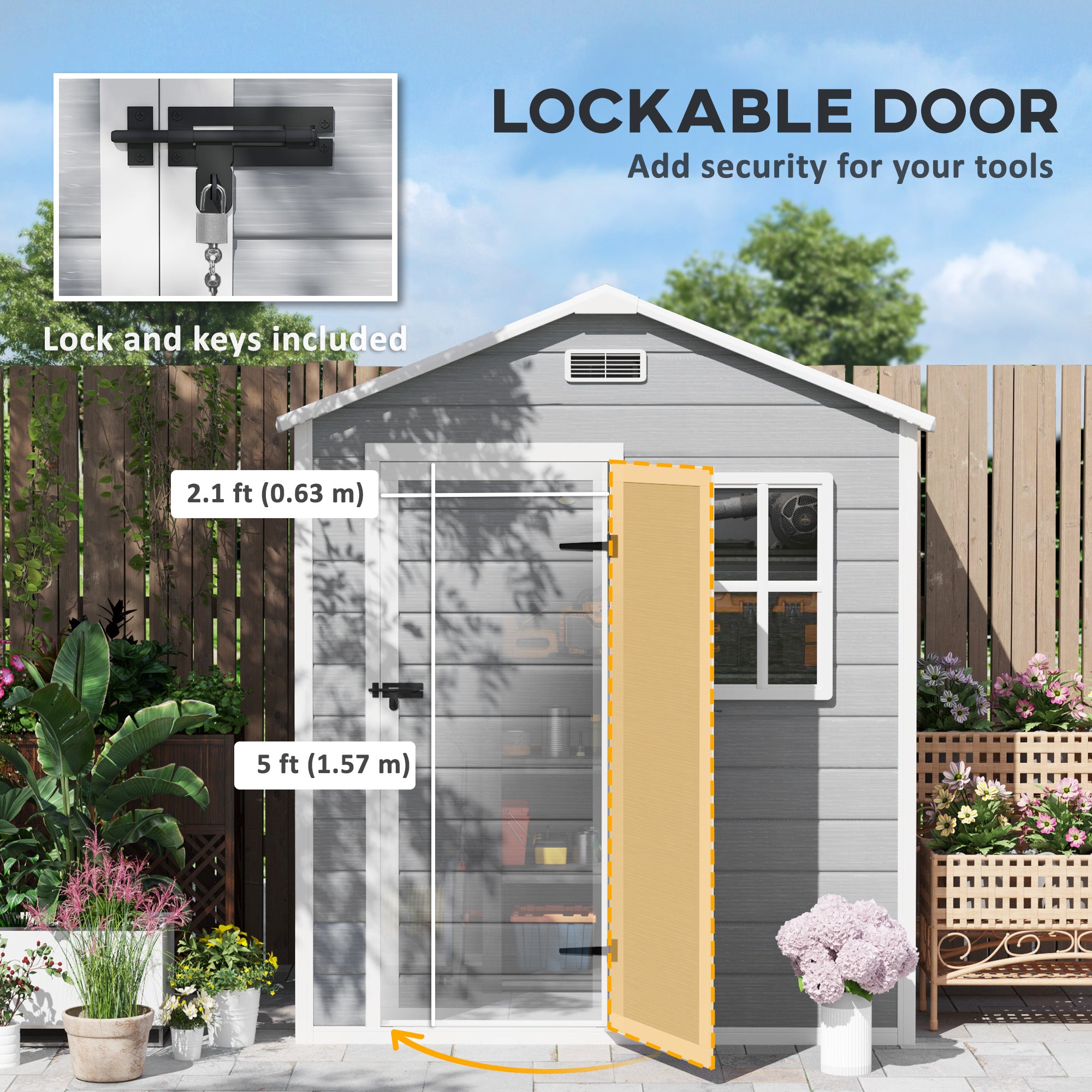 Outsunny 6 x 4ft Garden Shed, Plastic Shed with Floor, Window, Lockable Door and Vents, Wood Effect Resin Tool Shed for Outdoor, Grey - North Peak Garden Furniture