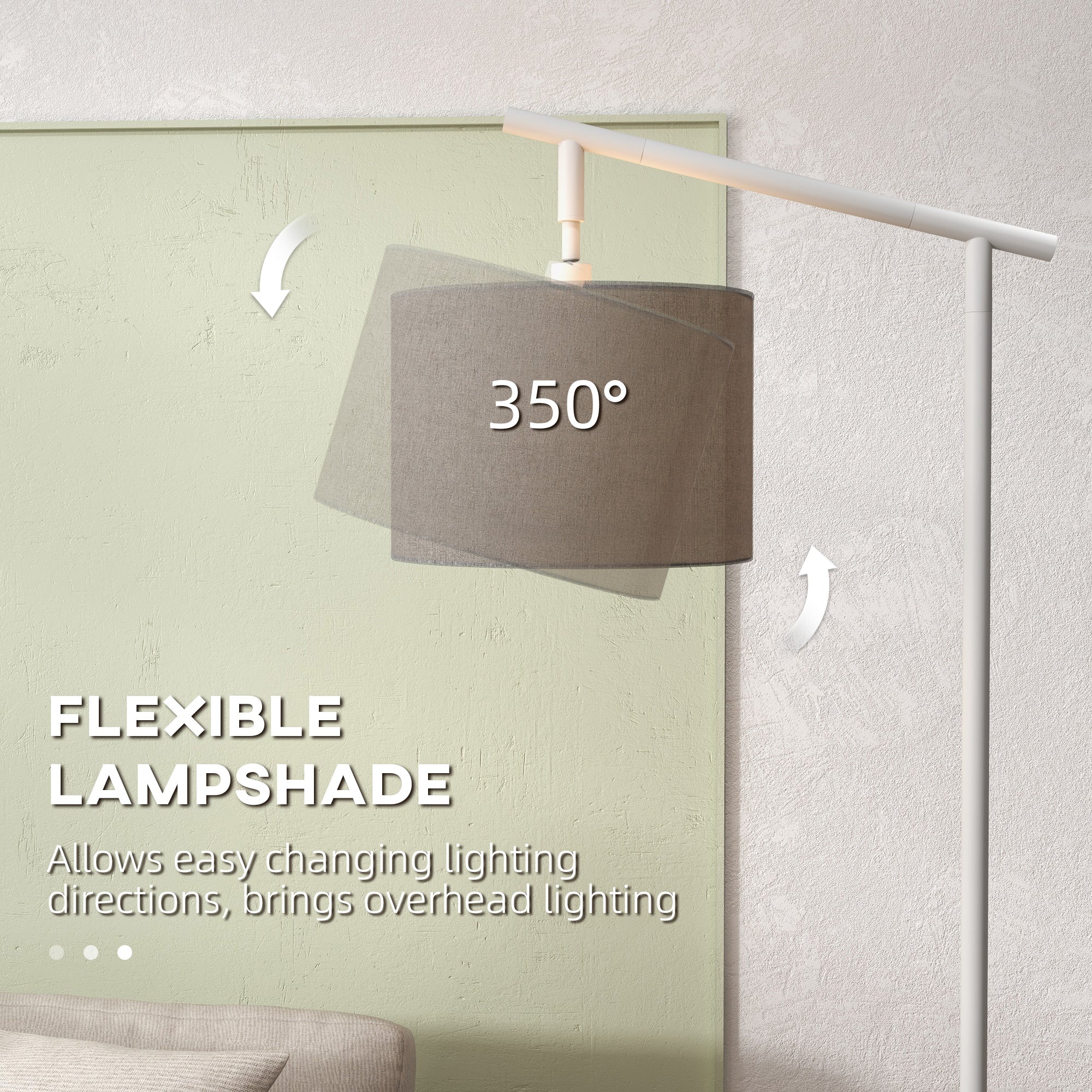 HOMCOM Metal Frame Floor Lamp with 350° Rotating Lampshade, for Living Room and Bedroom, LED Bulb Included, Grey - North Peak Garden Furniture