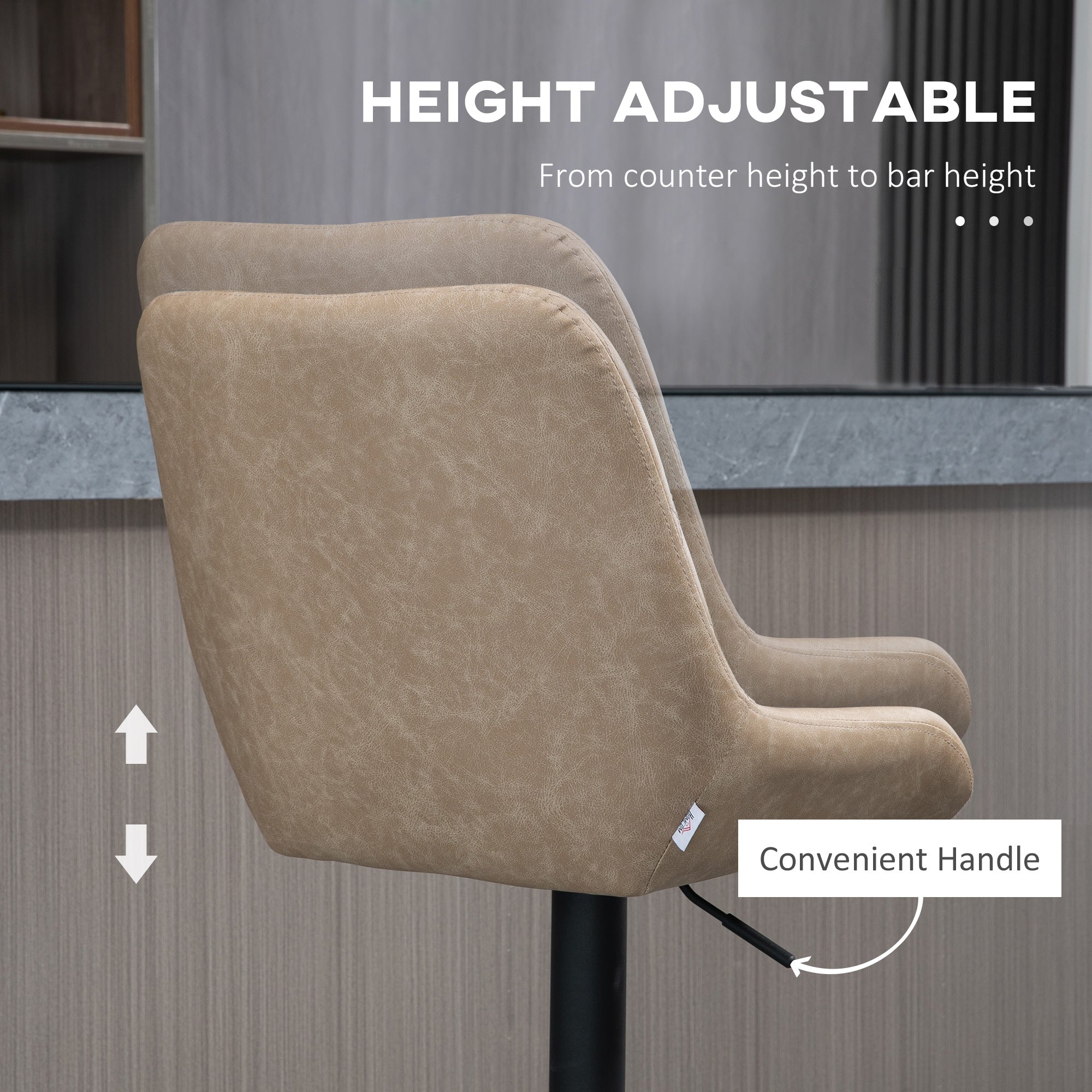 HOMCOM Retro Bar Stools Set of 2, Adjustable Kitchen Stool, Upholstered Bar Chairs with Back, Swivel Seat, Light Khaki - North Peak Garden Furniture