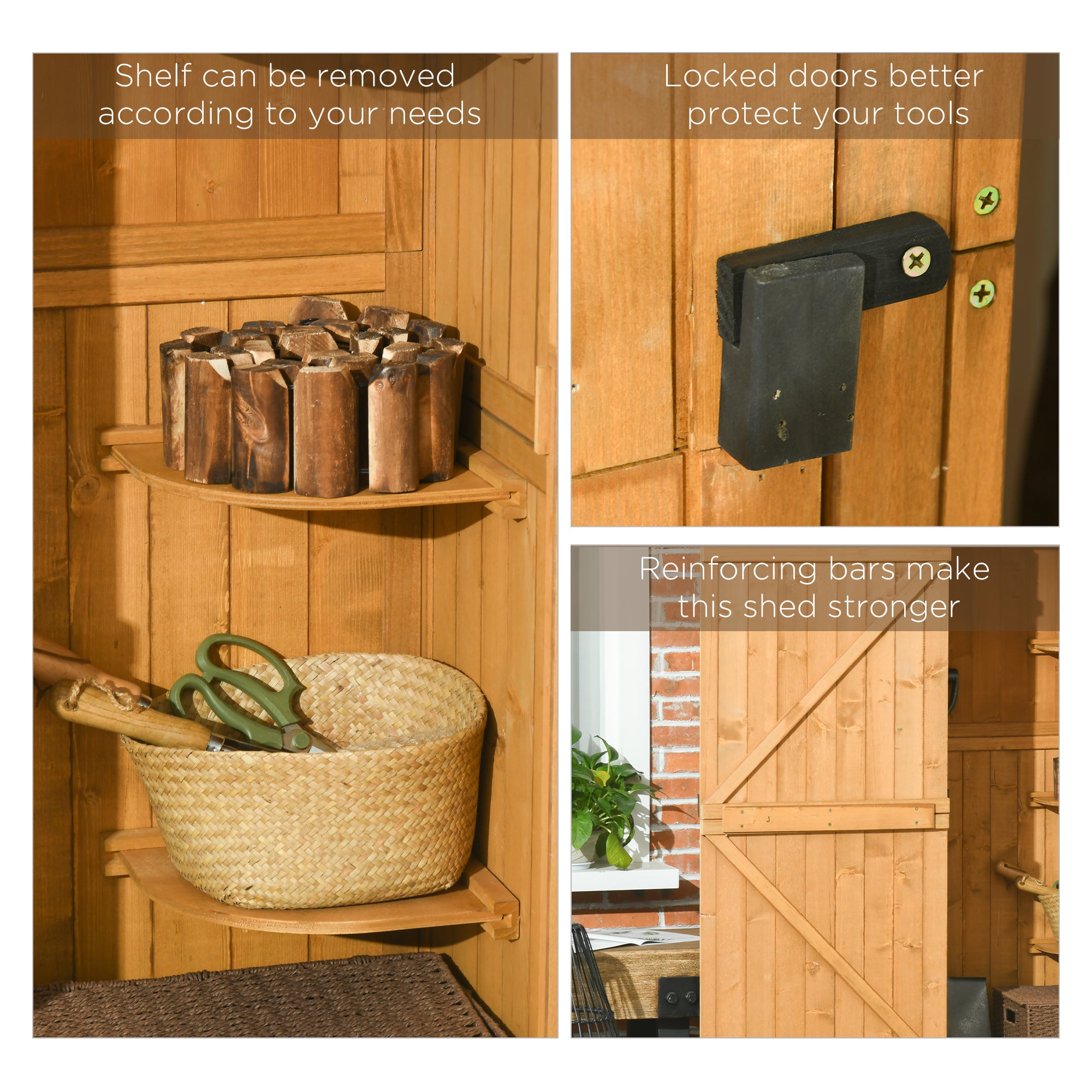 Outsunny Garden Shed Vertical Utility 3 Shelves Shed Wood Outdoor Garden Tool Storage Unit Storage Cabinet, 77 x 54.2 x 179cm - Brown - North Peak Garden Furniture