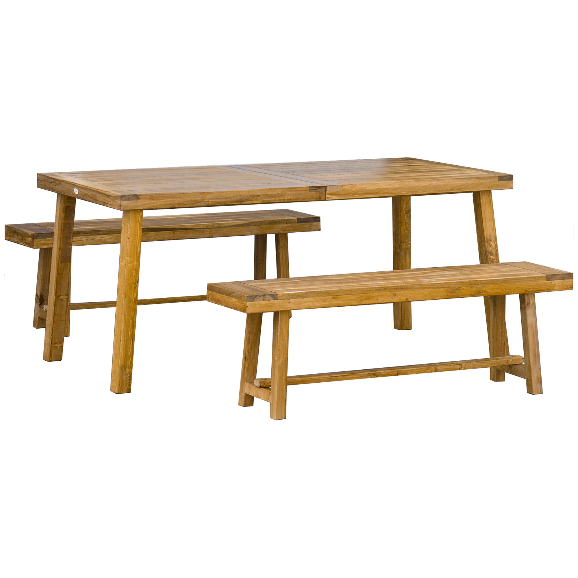 Outsunny 3 Pieces Picnic Bench Set with Table and 2 Benches, Acacia wood Dining Trestle Beer Table and Seat, Natural Wood Finish - North Peak Garden Furniture