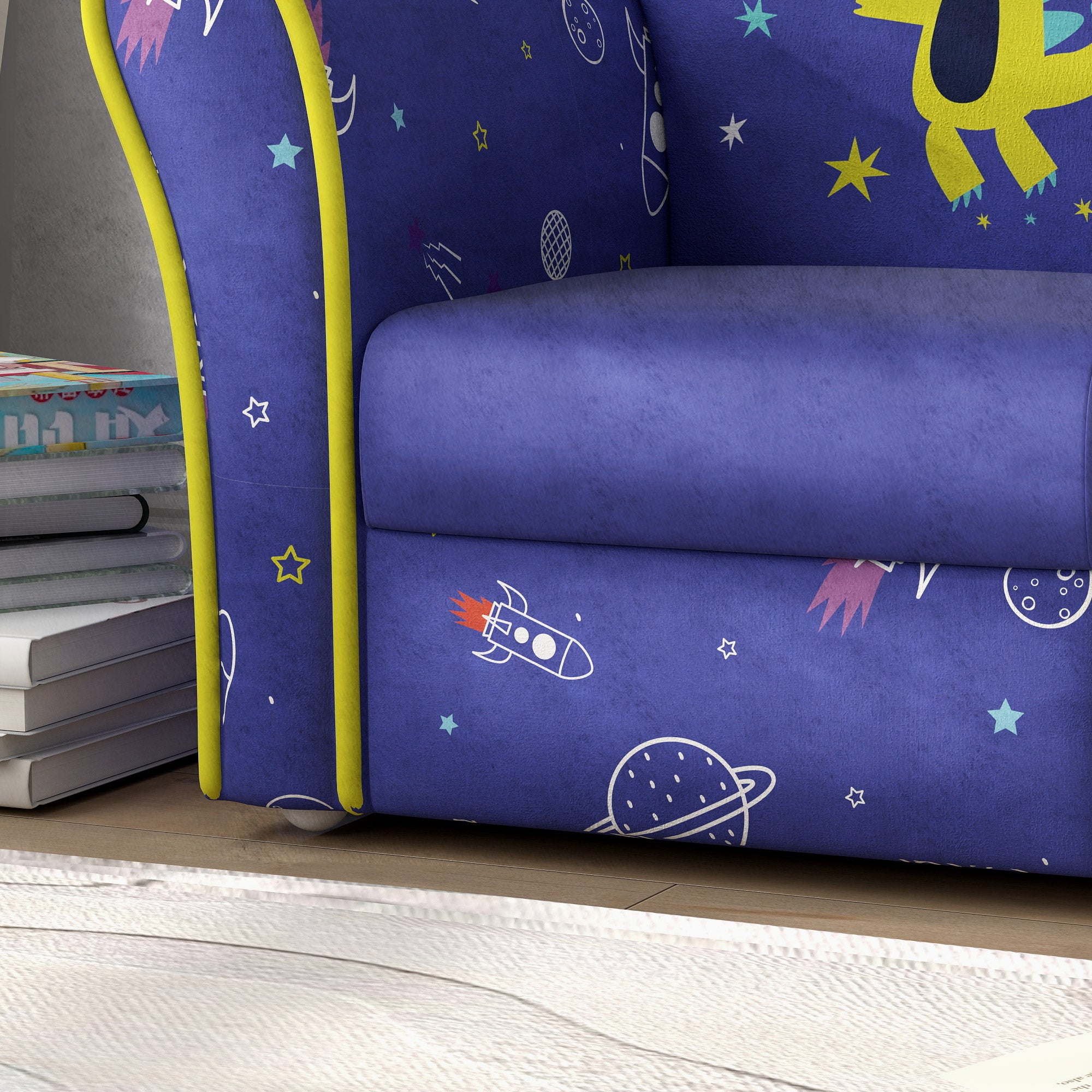 AIYAPLAY Kids Armchair with Planet Dinosaurs Design, Wooden Frame, for Bedroom, Playroom, Kids Room, Blue - North Peak Garden Furniture