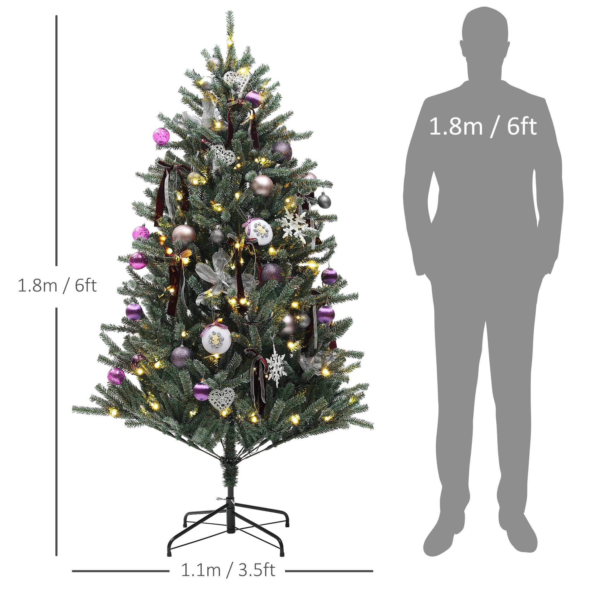 HOMCOM 6ft Artificial Christmas Tree, with Purple Decorations and Lights - North Peak Garden Furniture