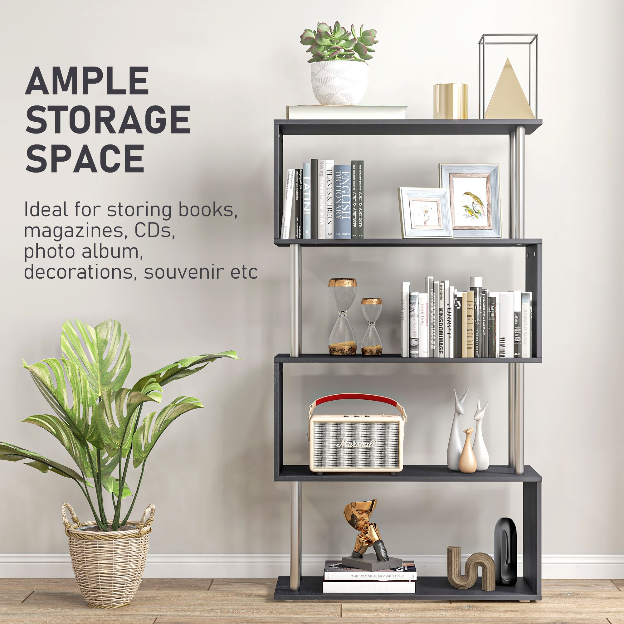 HOMCOM S Shape Bookcase, 5 Tiers Bookshelf, Modern Freestanding Storage Shelf for Home Office, Study, Living Room, 80 x 30 x 145cm Black - North Peak Garden Furniture