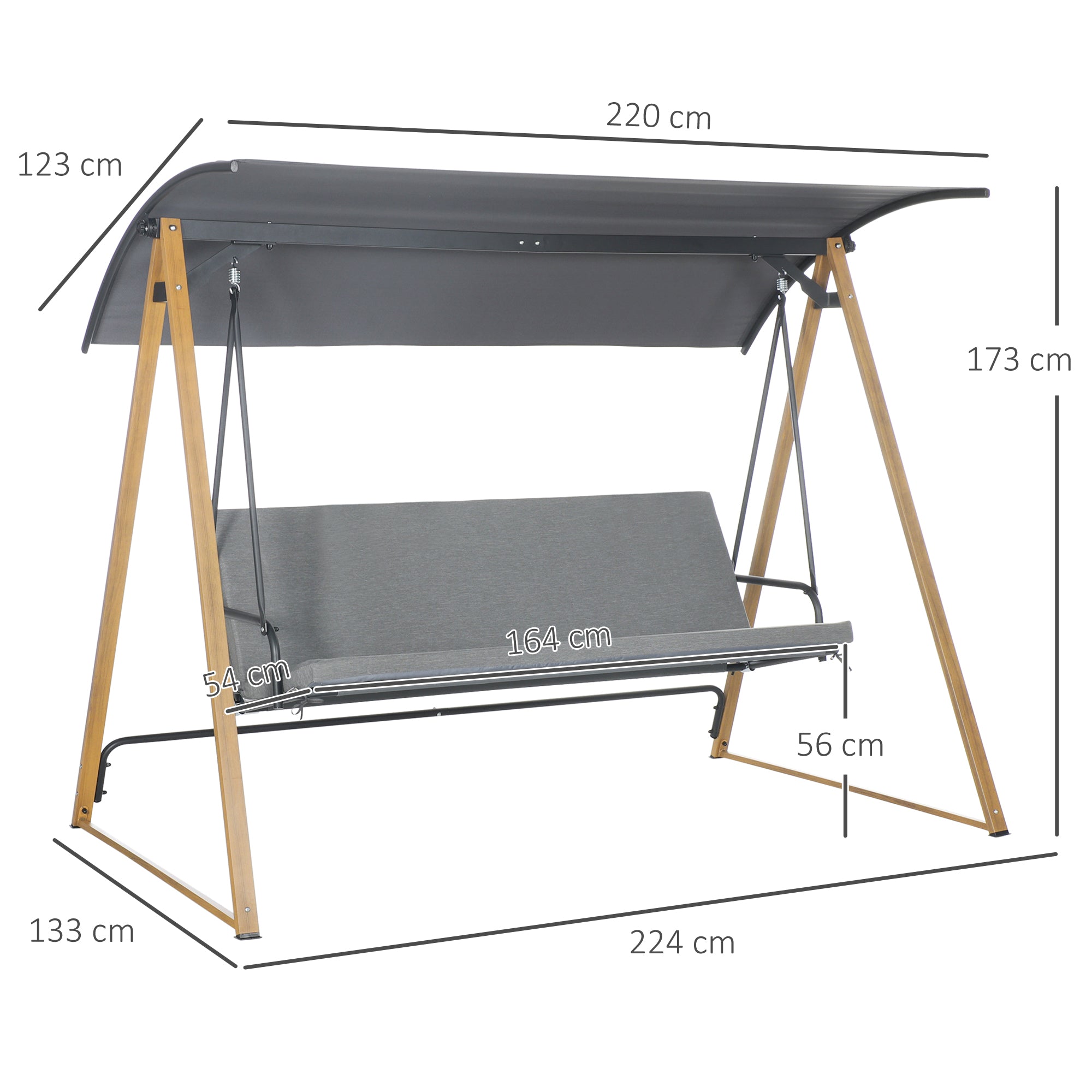 Outsunny 3 Seater Swing Chair, Garden Swing Bench with Adjustable Canopy, Cushioned Seat and Weather Resistant Steel Frame for Patio, Yard